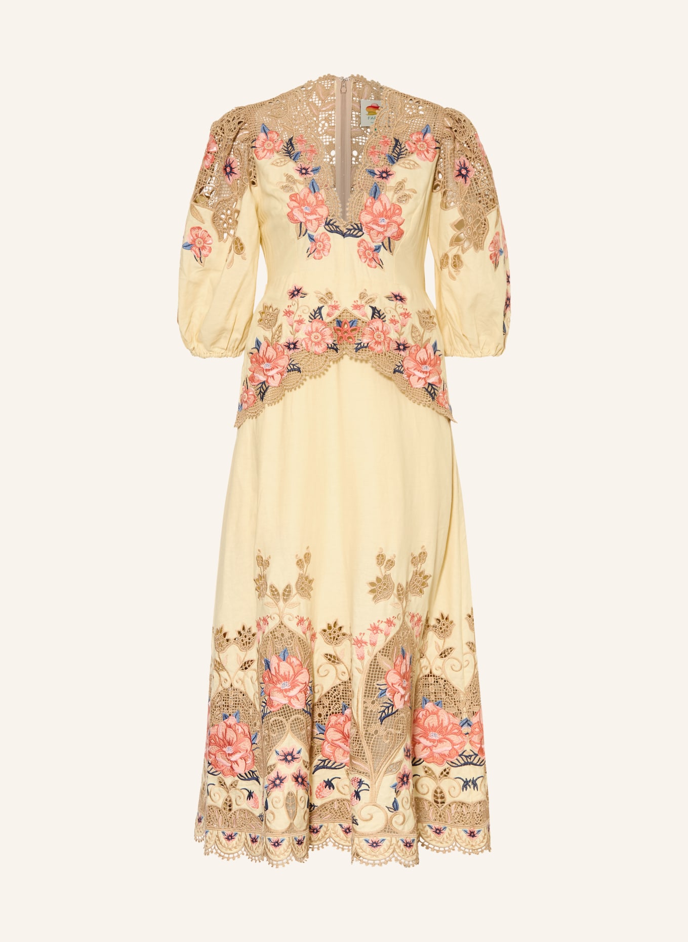 FARM RIO Kleid mit Leinen und Lochspitze: CREME / HELLROT / DUNKELBLAU