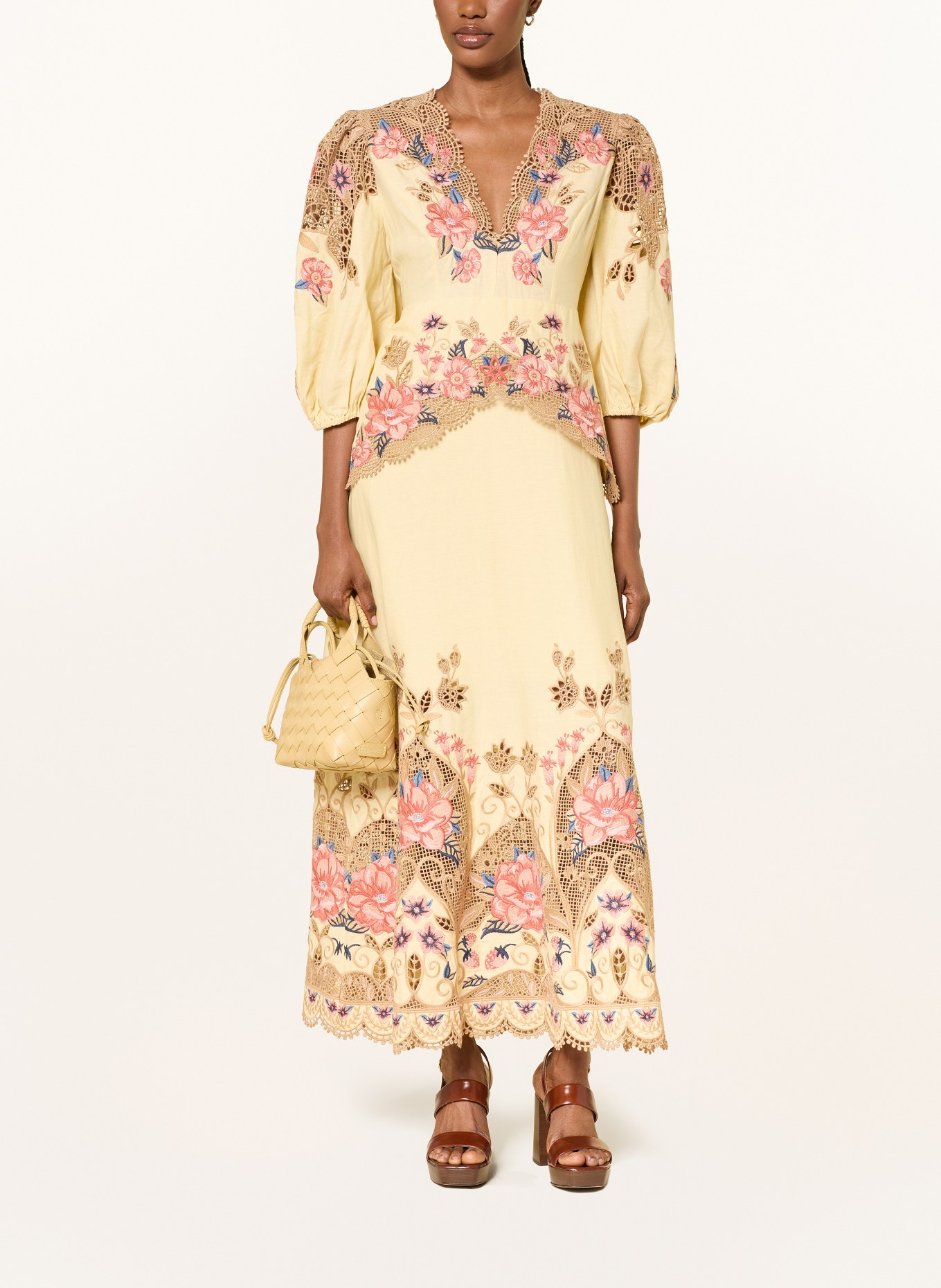 FARM RIO Kleid mit Leinen und Lochspitze: CREME / HELLROT / DUNKELBLAU