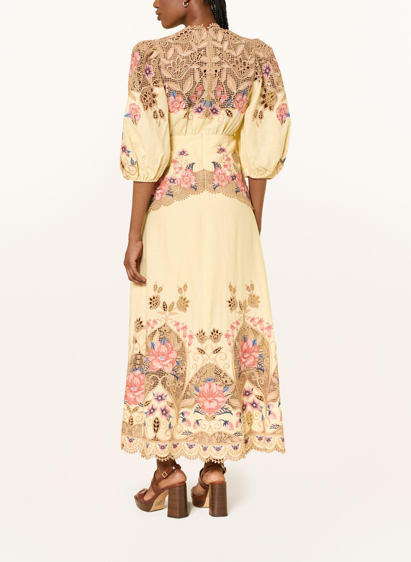 FARM RIO Kleid mit Leinen und Lochspitze: CREME / HELLROT / DUNKELBLAU