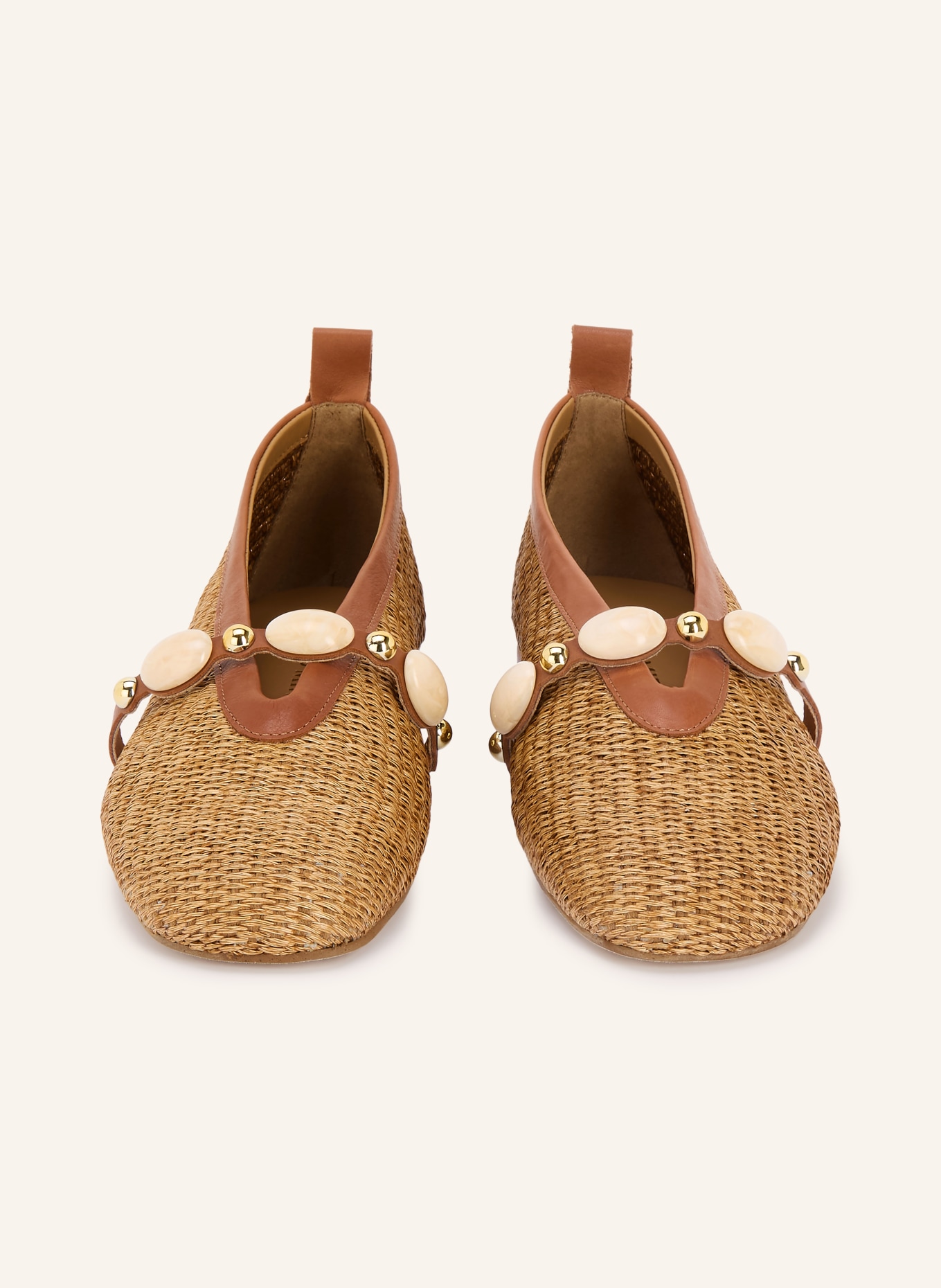 PEDRO MIRALLES Mary Jane ballet flats RAFIA IBIZA with gemstones: CAMEL / COGNAC