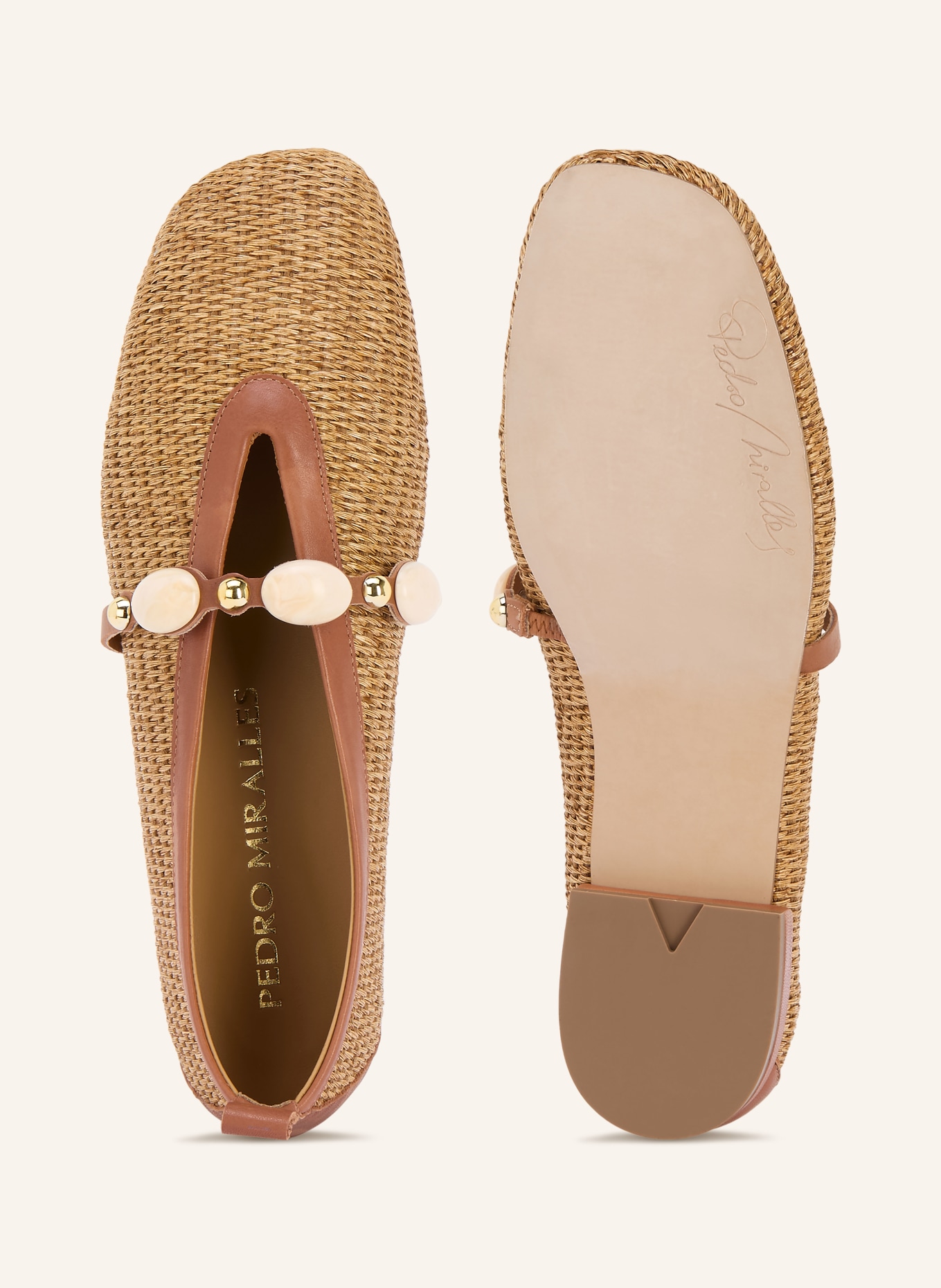 PEDRO MIRALLES Mary Jane ballet flats RAFIA IBIZA with gemstones: CAMEL / COGNAC