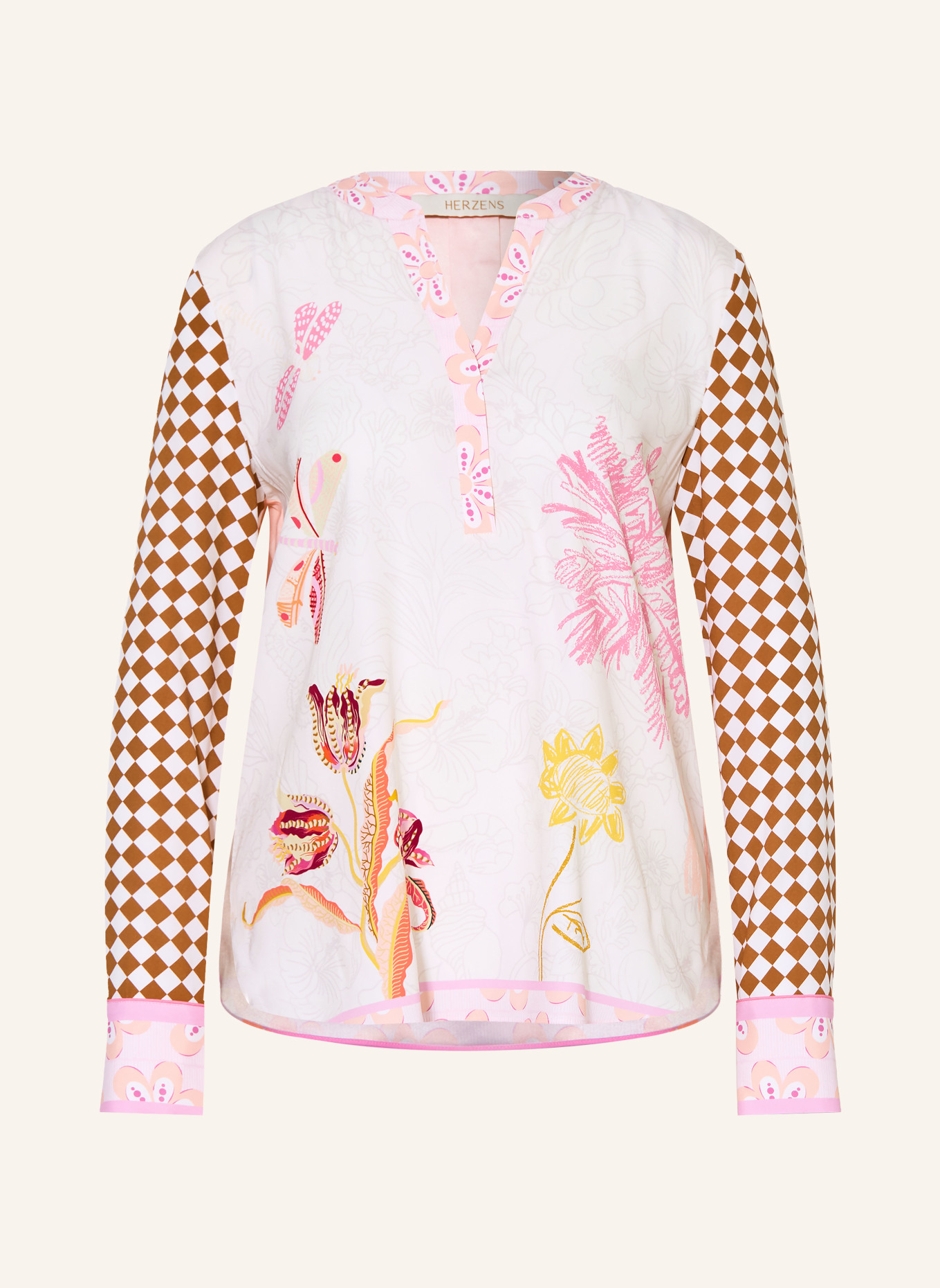 HERZENS Blusenshirt aus Seide: WEISS / BRAUN / ROSA