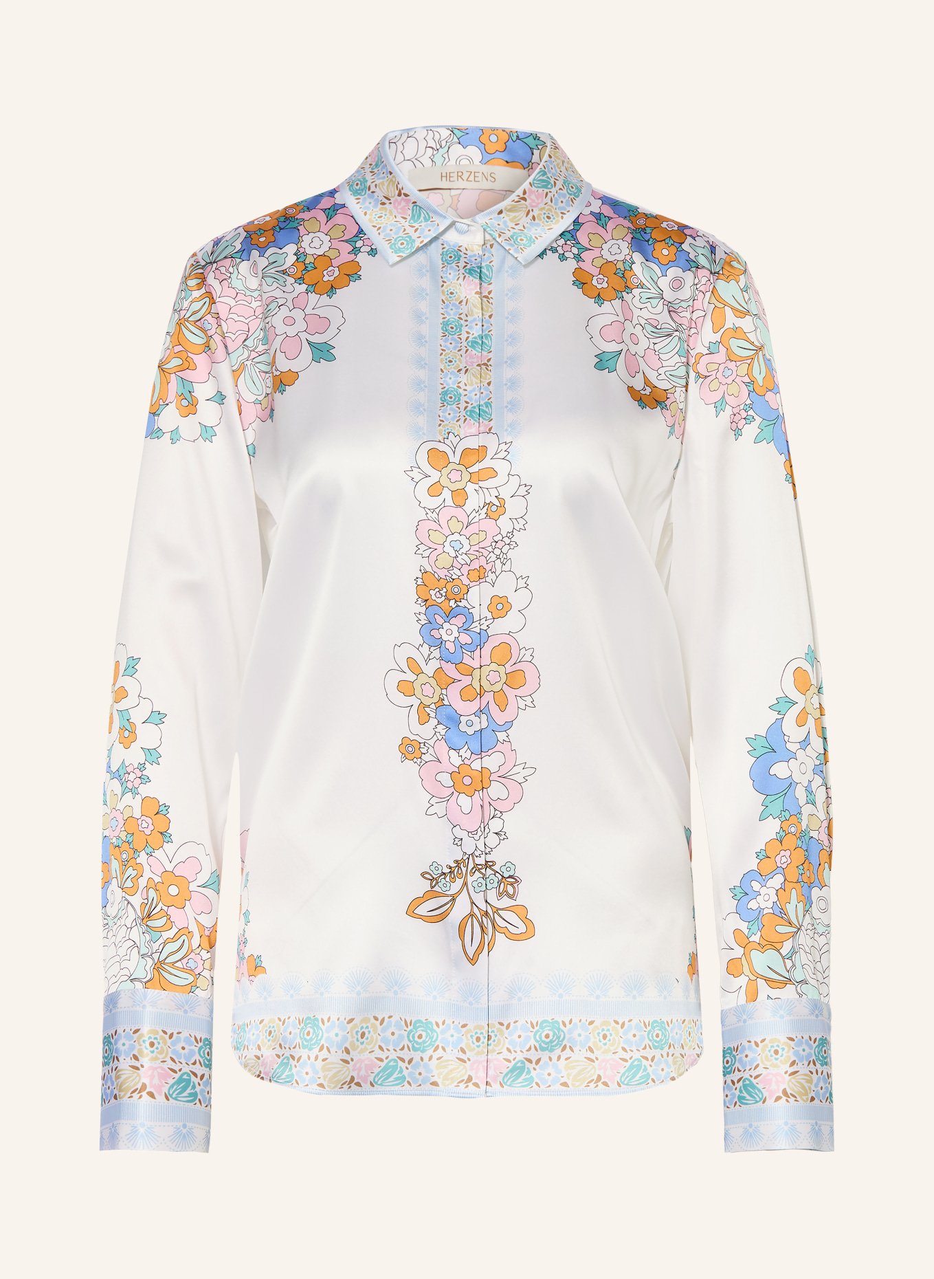 HERZENS Zijden overhemdblouse: WIT / ORANJE / BLAUW