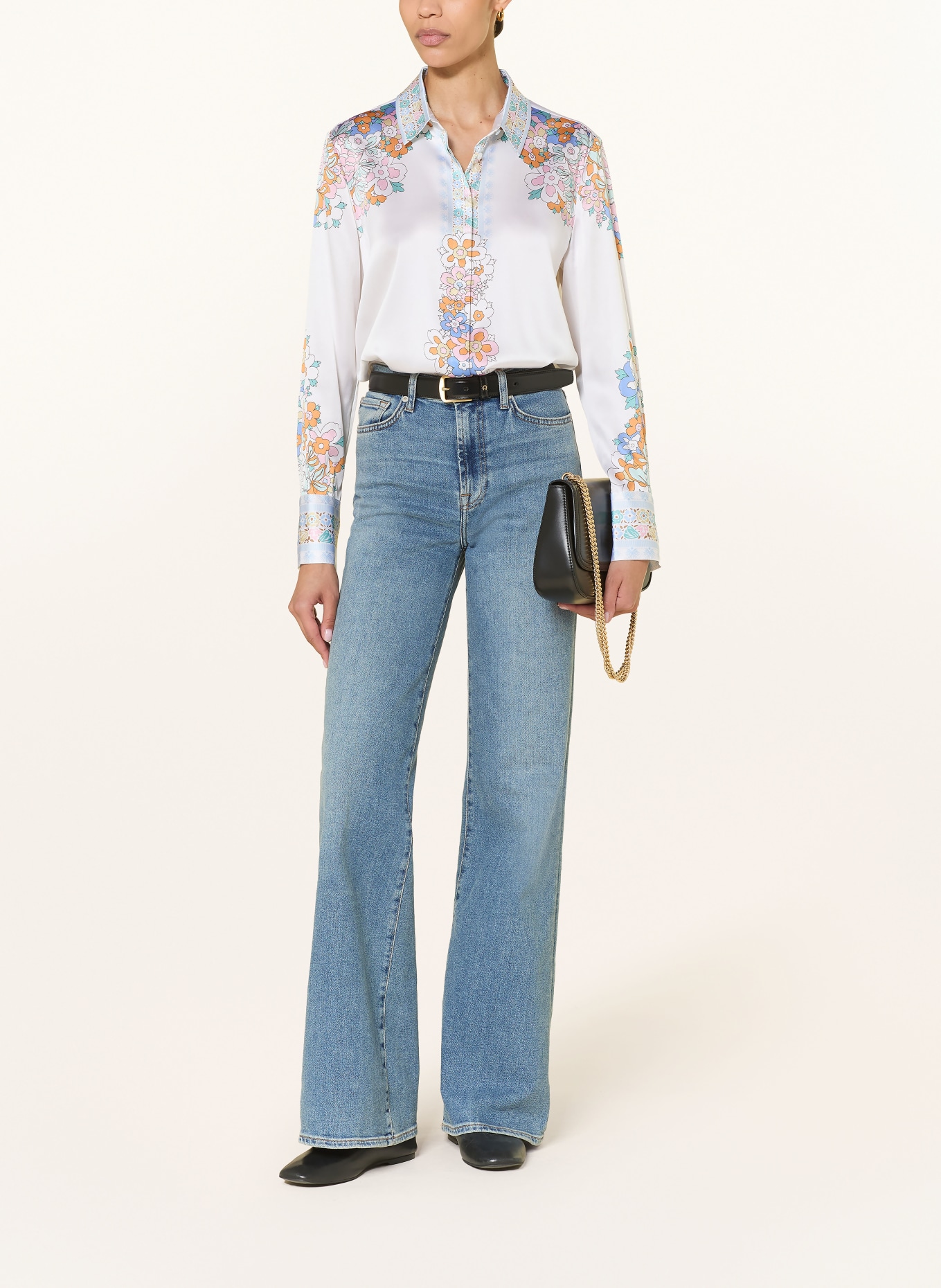 HERZENS Zijden overhemdblouse: WIT / ORANJE / BLAUW