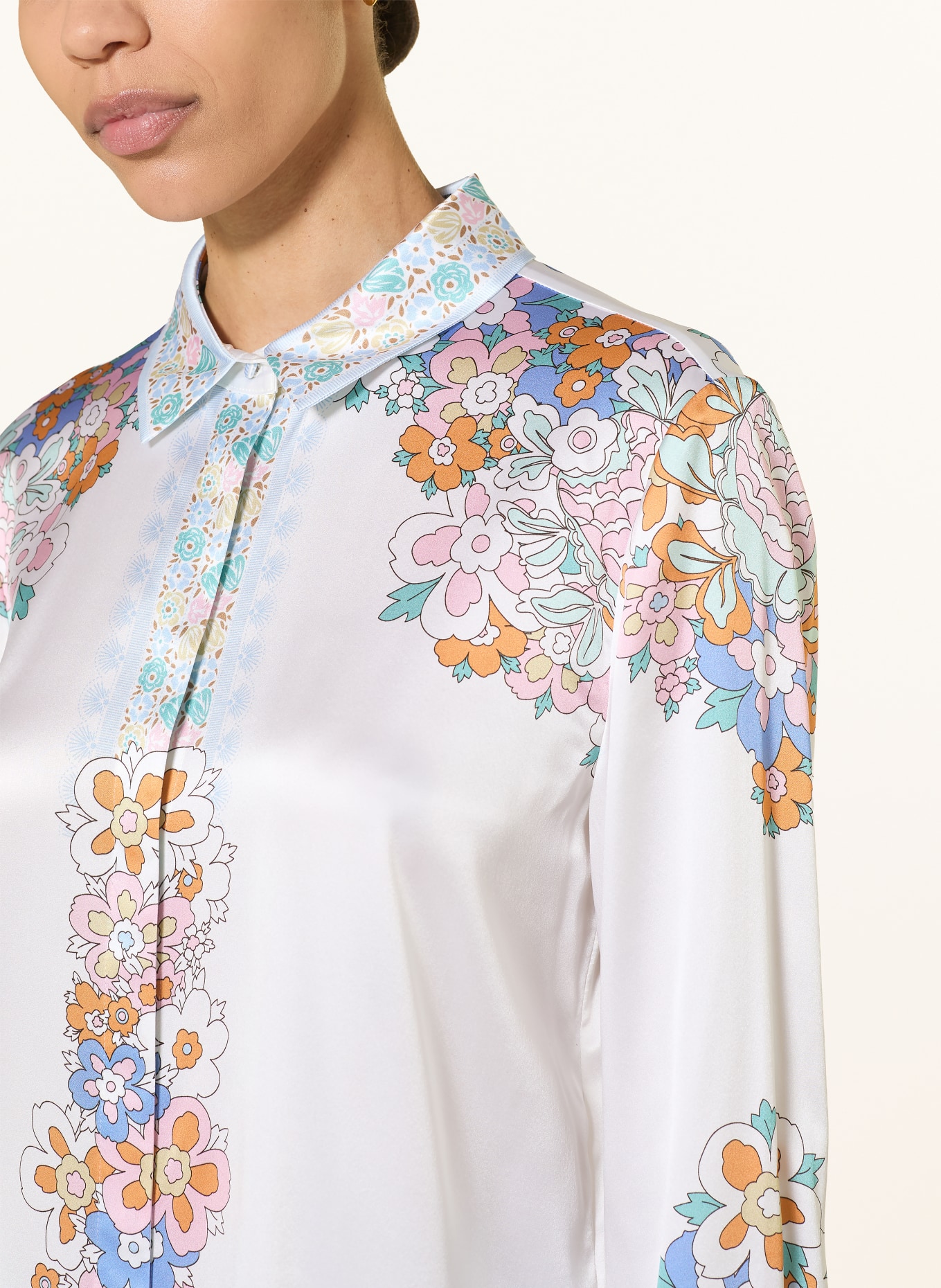 HERZENS Zijden overhemdblouse: WIT / ORANJE / BLAUW