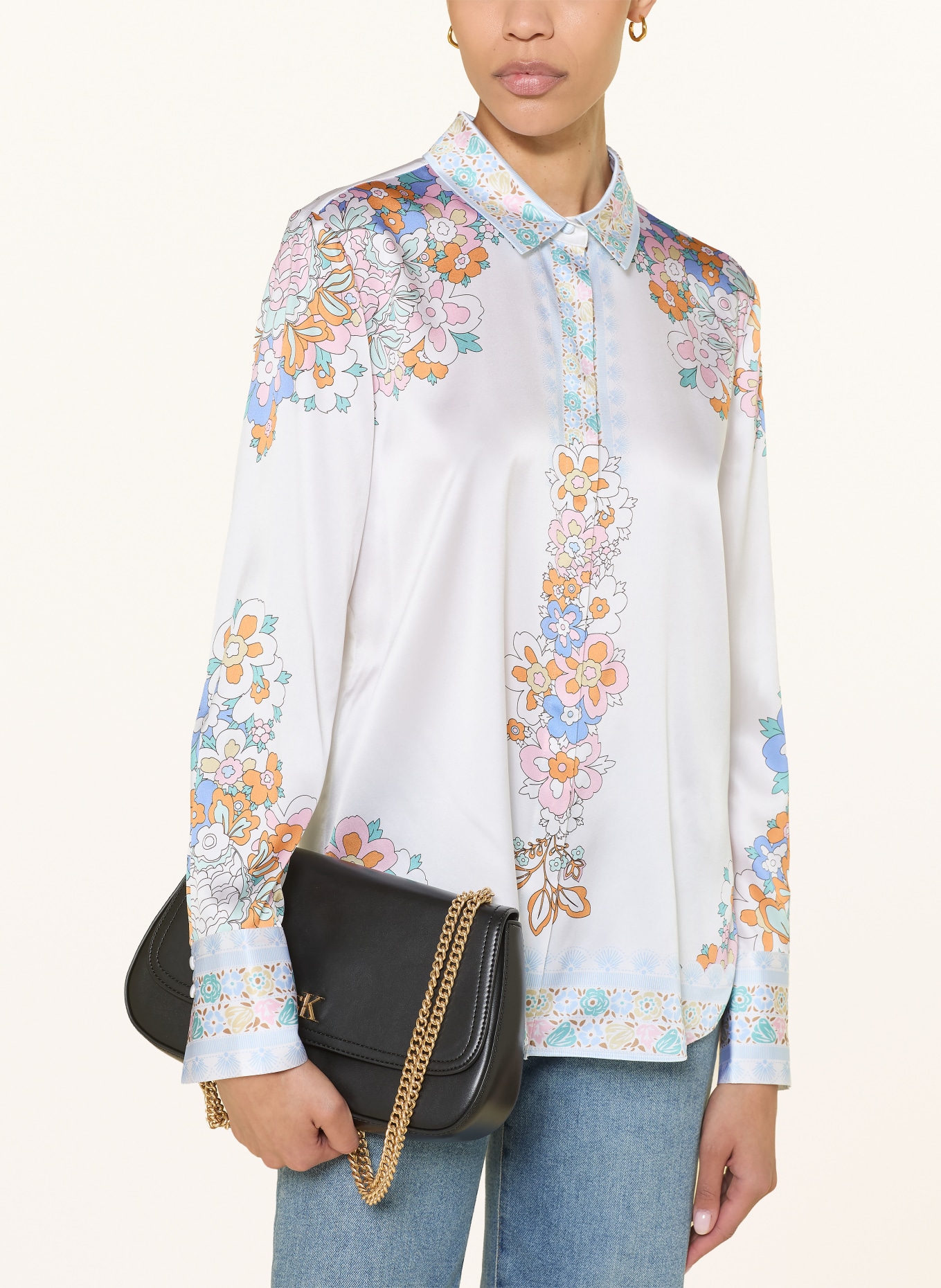 HERZENS Zijden overhemdblouse: WIT / ORANJE / BLAUW