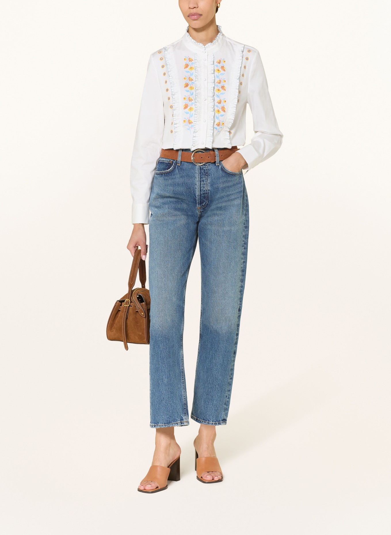 HERZENS Blouse à volants: BLANC / JAUNE / BLEU