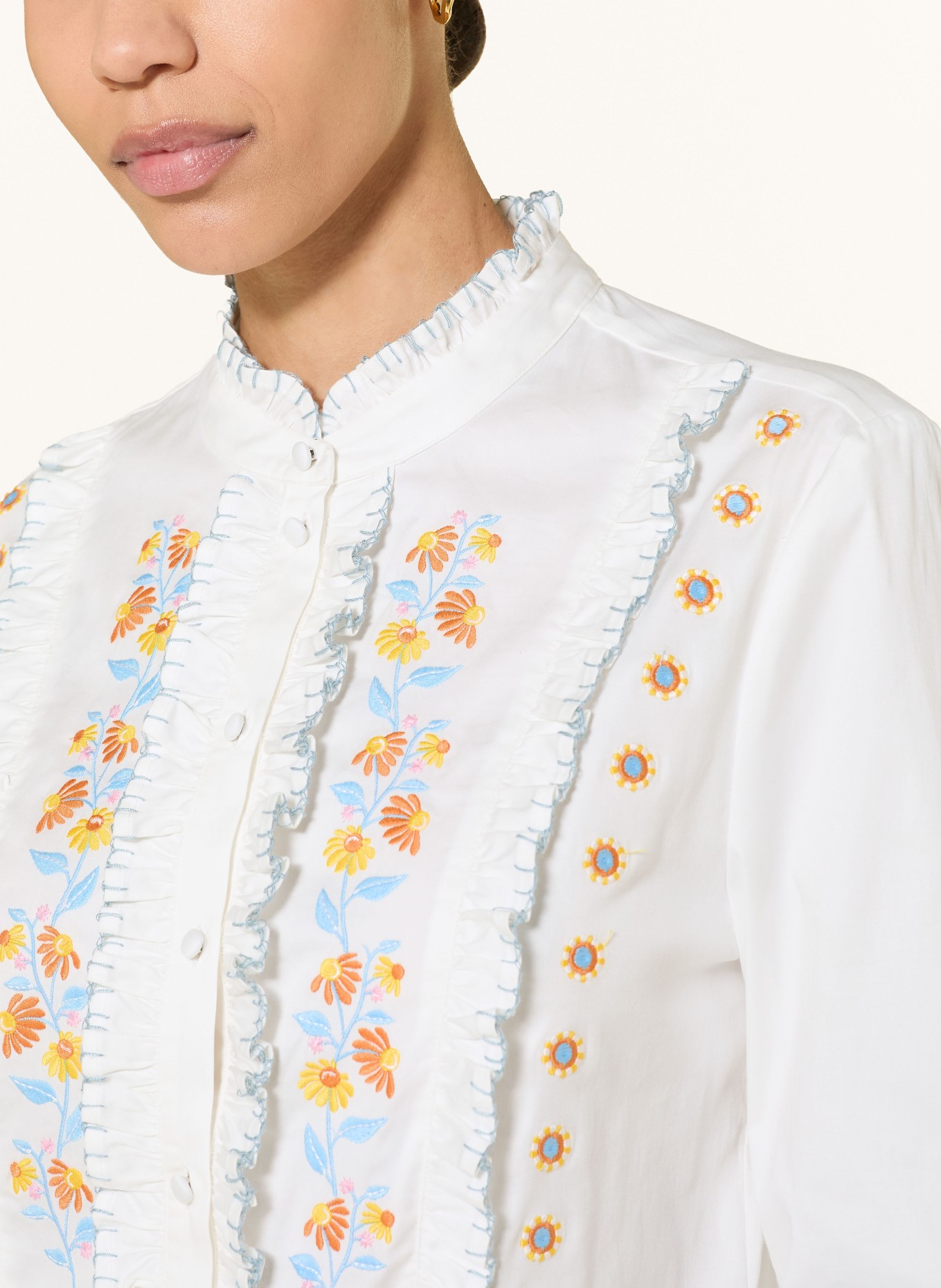 HERZENS Blouse à volants: BLANC / JAUNE / BLEU