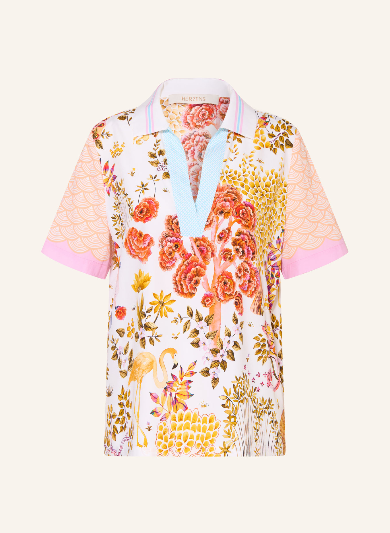 HERZENS Silk blouse shirt: ORANGE / RED / LIGHT BLUE