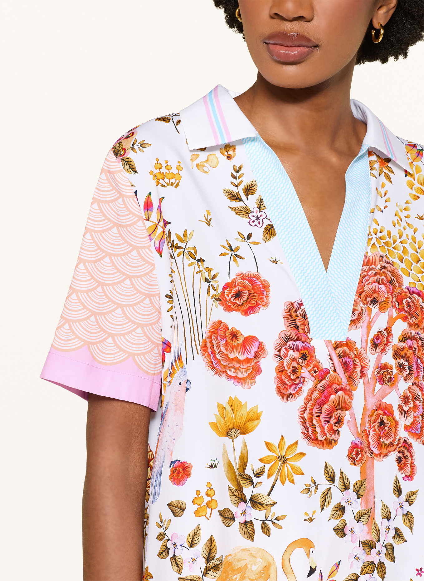 HERZENS Silk blouse shirt: ORANGE / RED / LIGHT BLUE