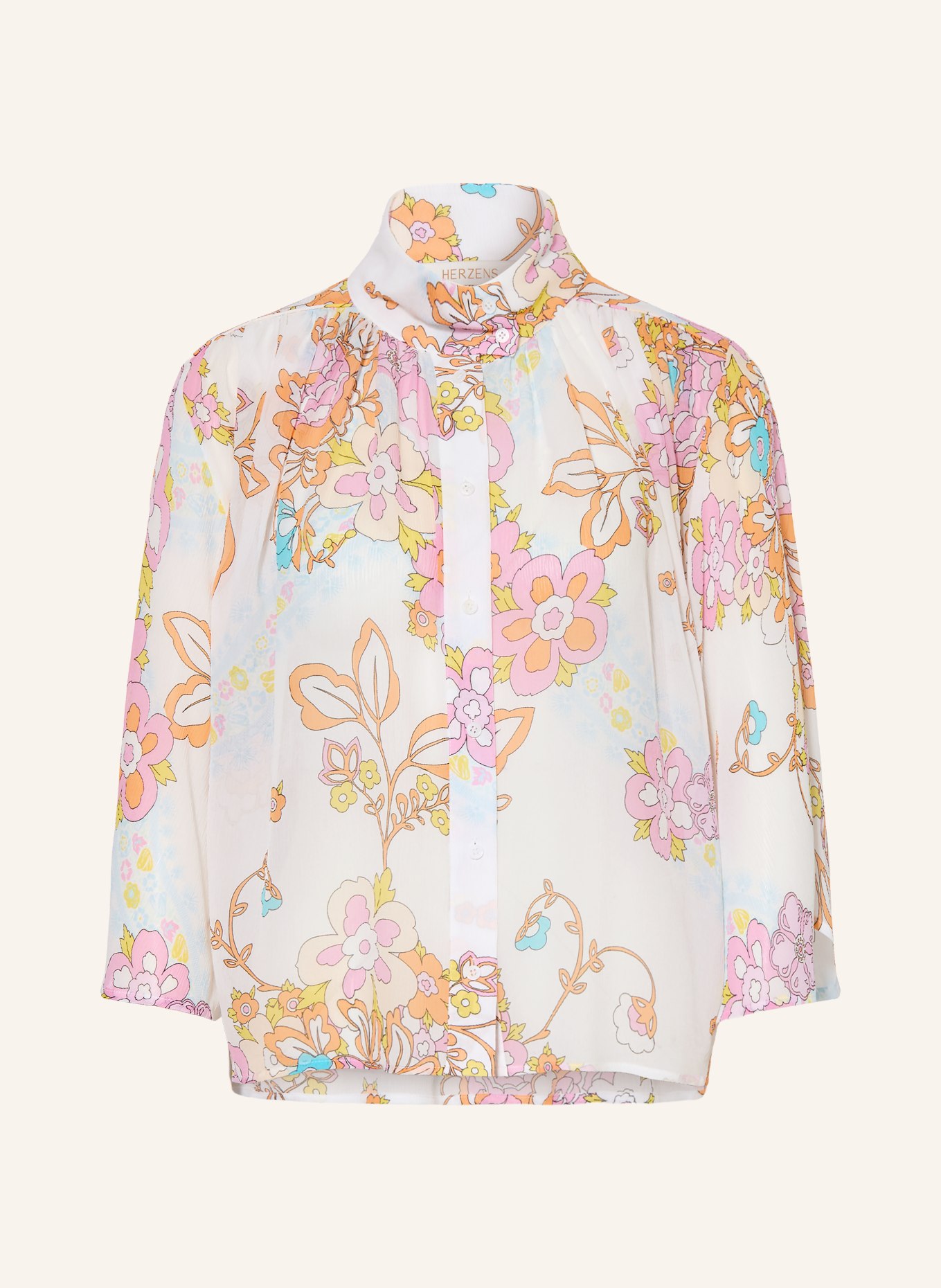 HERZENS Silk blouse with 3/4 sleeves: WHITE / PINK / ORANGE