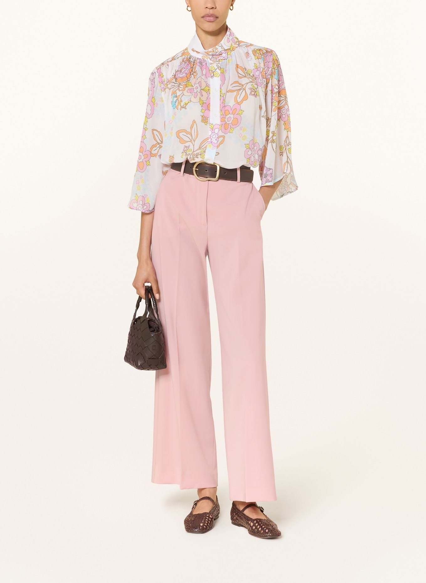 HERZENS Silk blouse with 3/4 sleeves: WHITE / PINK / ORANGE