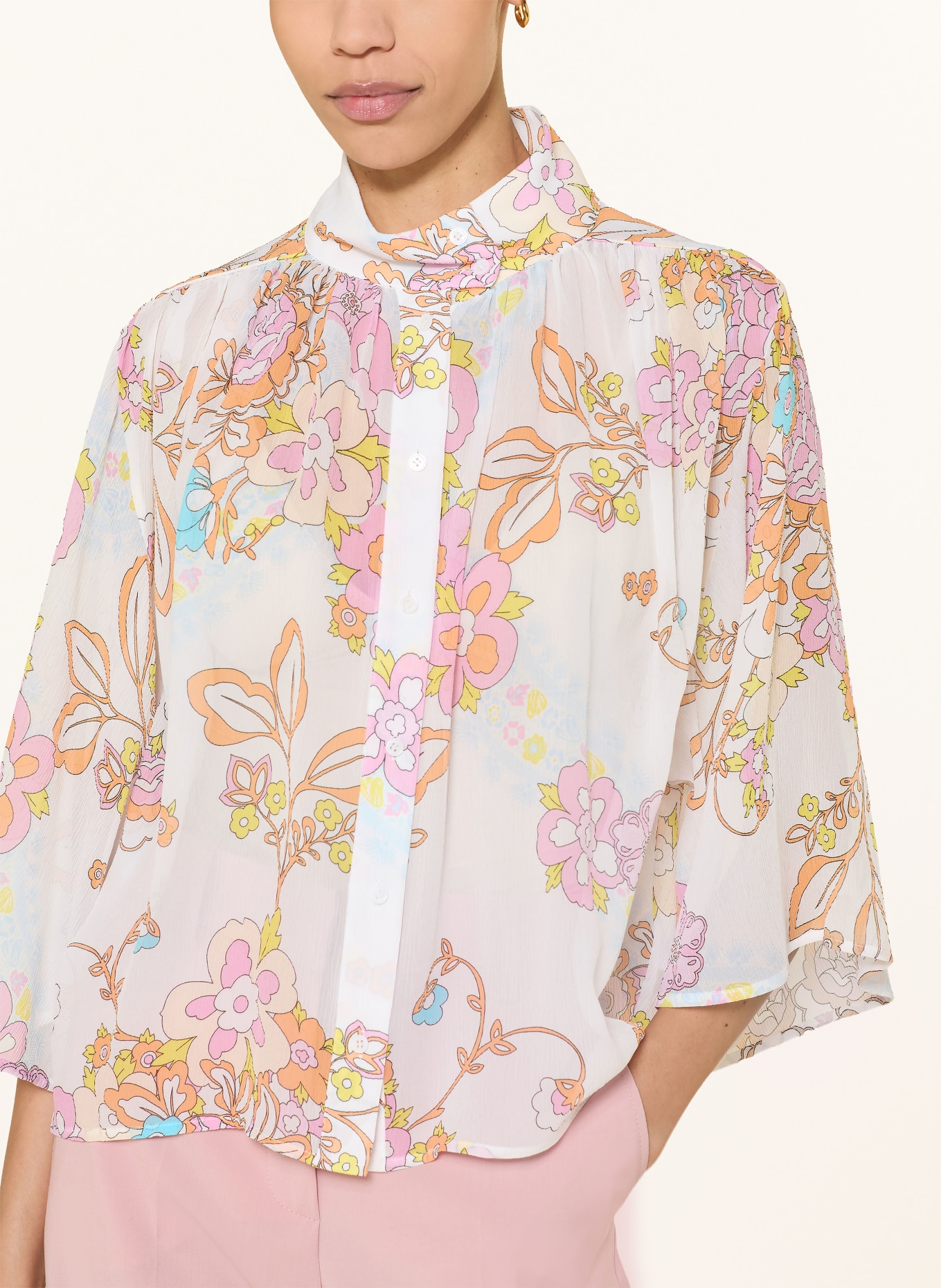 HERZENS Silk blouse with 3/4 sleeves: WHITE / PINK / ORANGE