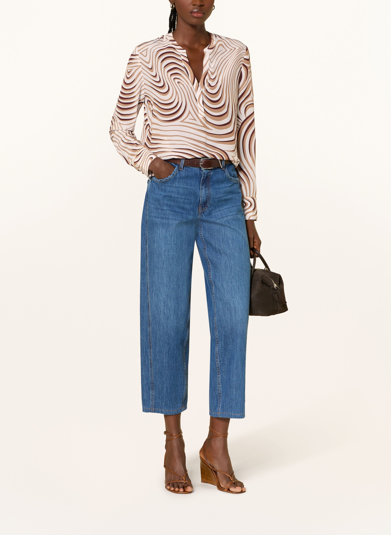 HERZENS Hedvábná halenka: BÍLÁ / SVĚTLE HNĚDÁ / TMAVĚ ČERVENÁ