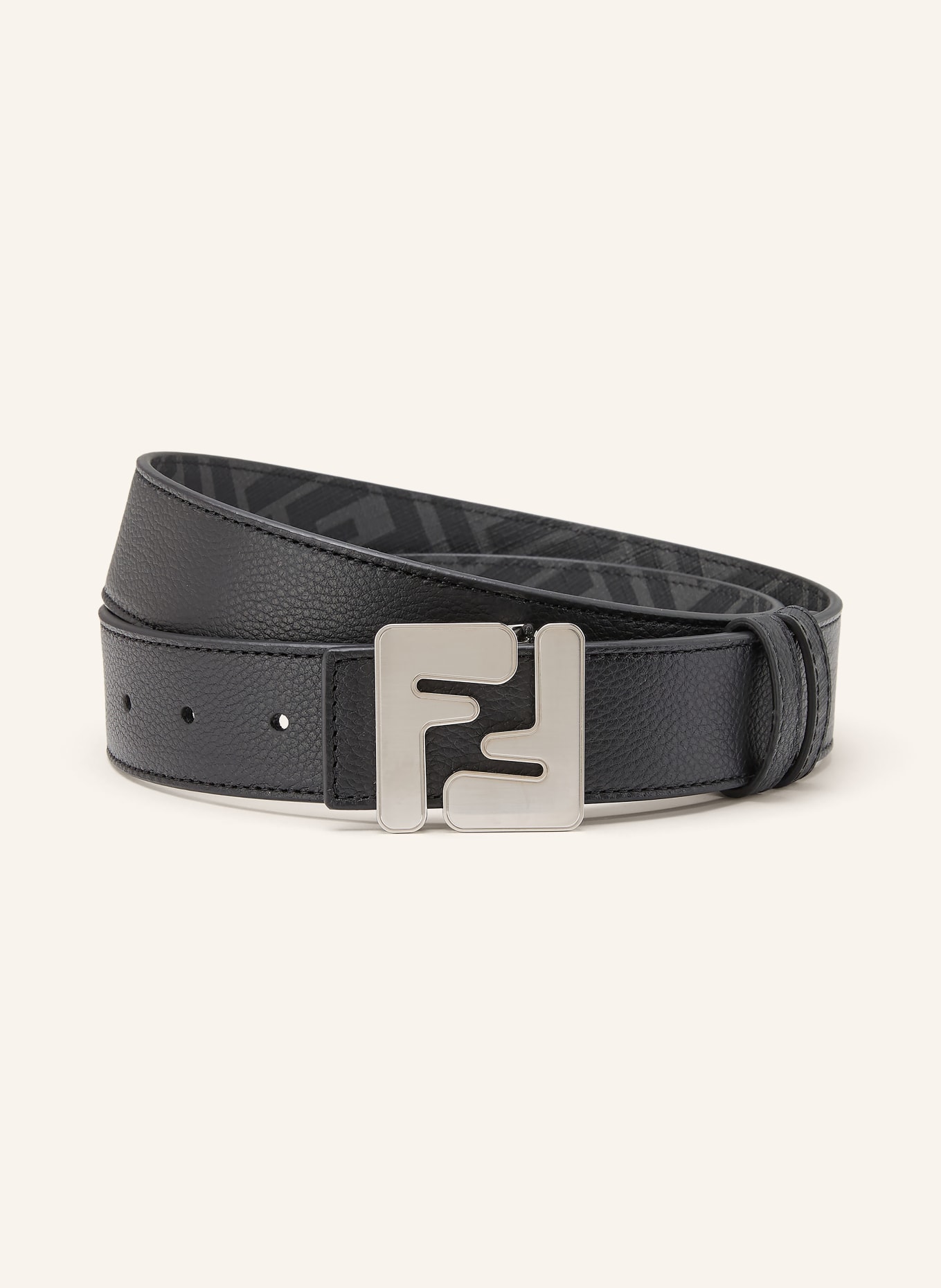FENDI Ceinture en cuir FF SQUARED réversible: NOIR / ARGENT / GRIS FONCÉ