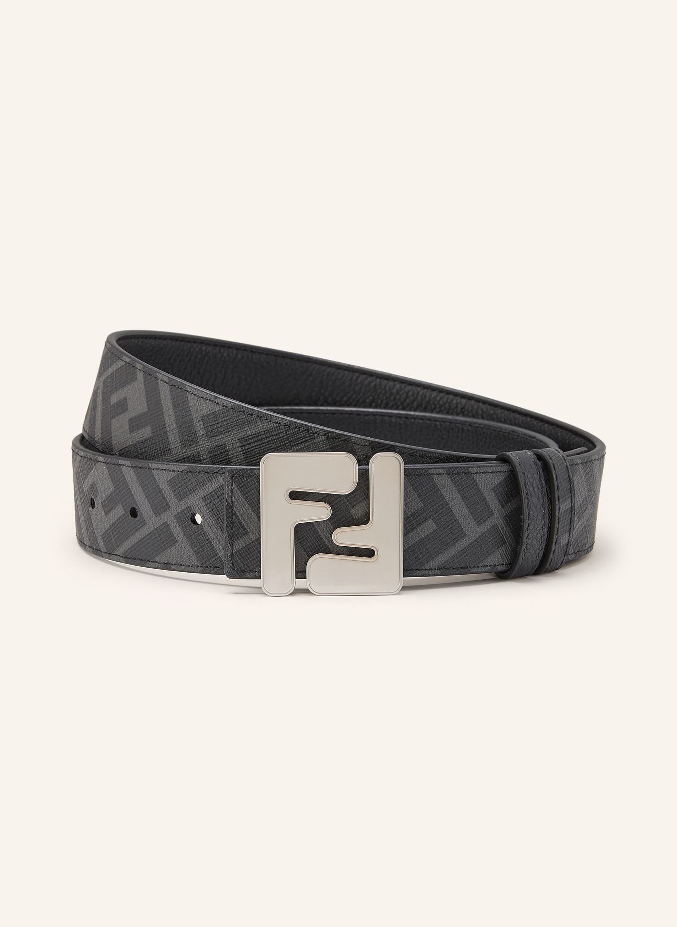 FENDI Ceinture en cuir FF SQUARED réversible: NOIR / ARGENT / GRIS FONCÉ