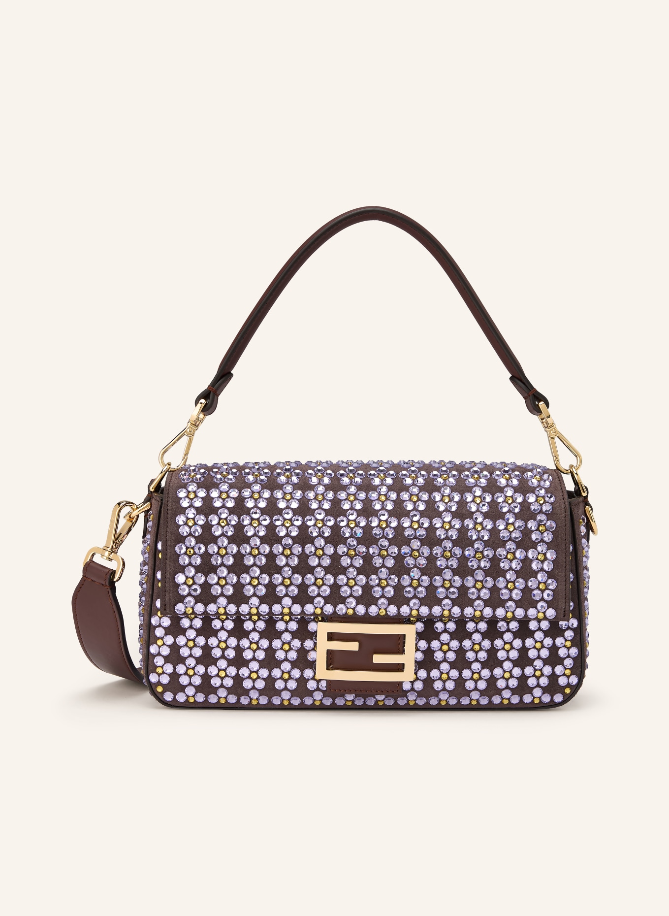 FENDI Schoudertas BAGUETTE MEDIUM met sierstenen: MARRON FONCÉ / LICHTPAARS / GEEL