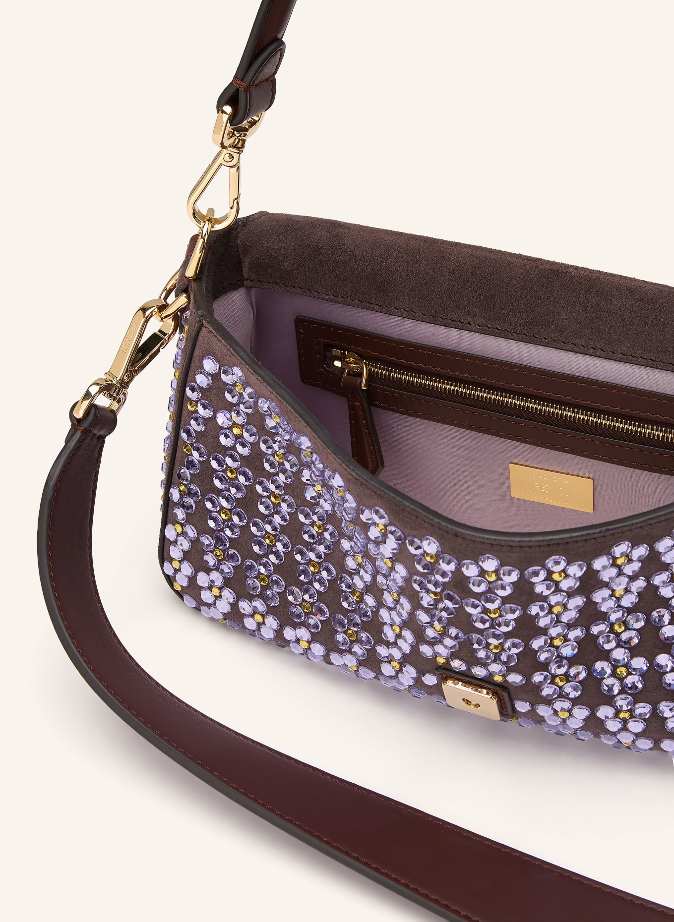 FENDI Schoudertas BAGUETTE MEDIUM met sierstenen: MARRON FONCÉ / LICHTPAARS / GEEL