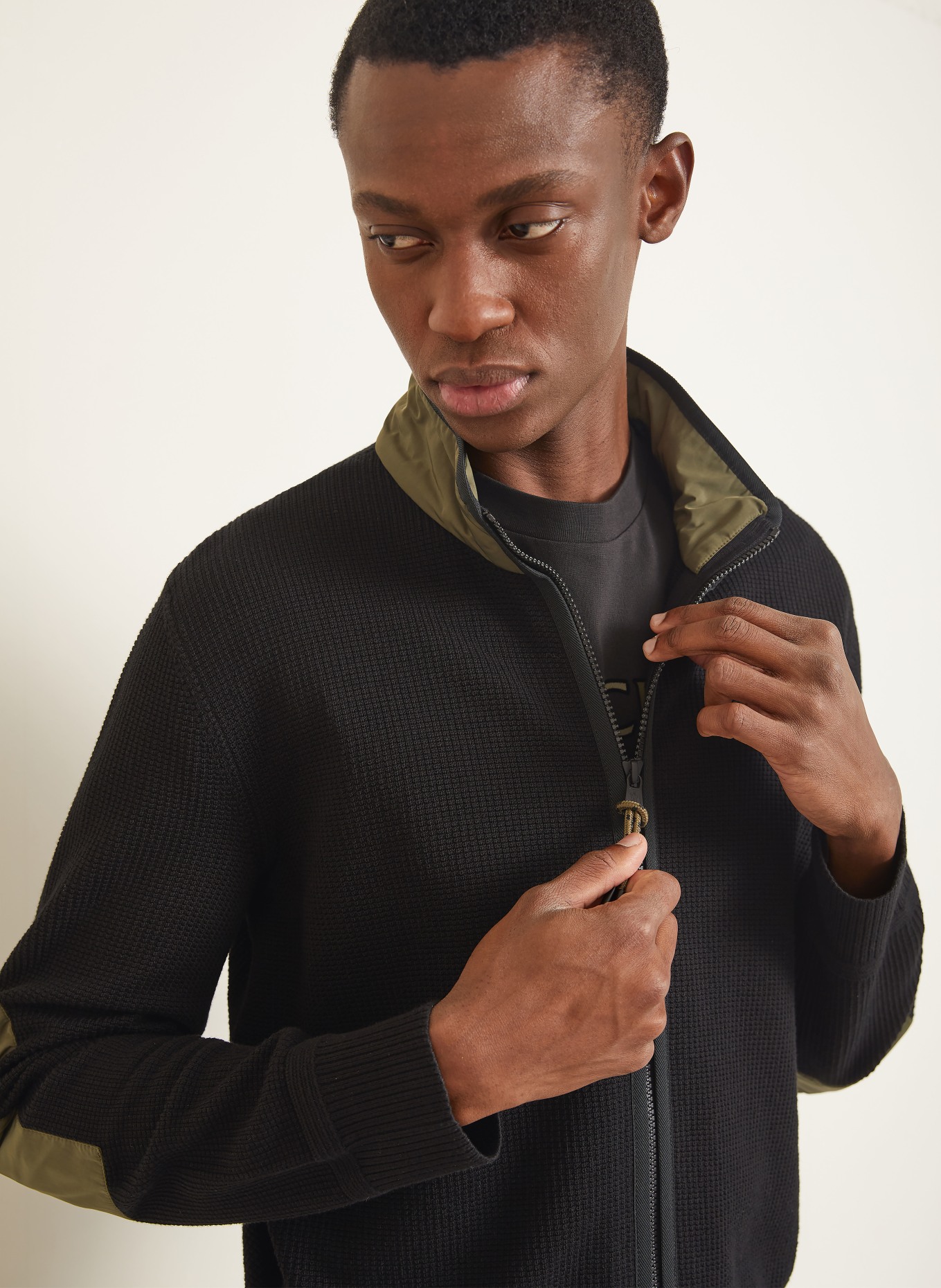 MONCLER Strickjacke im Materialmix: DUNKELBLAU / OLIV