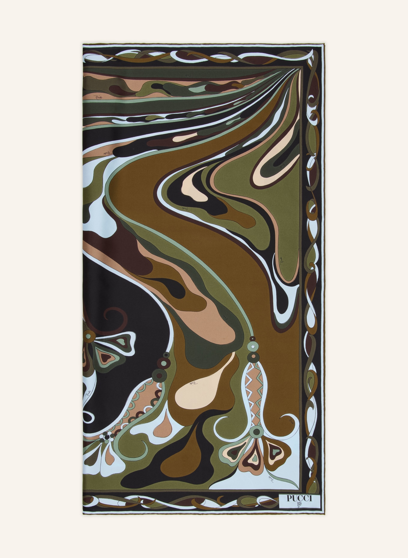 PUCCI zijden sjaal: KAKI / LICHTBLAUW / ZWART