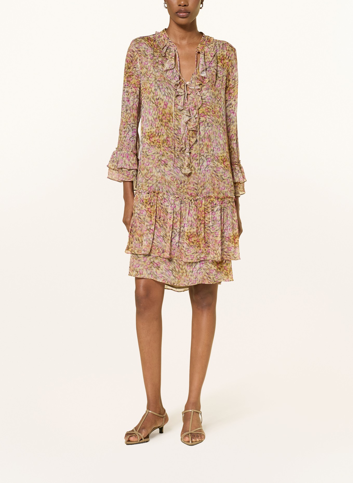 LUISA CERANO Dress with ruffles and flounces: DARK YELLOW / DARK BROWN / PURPLE