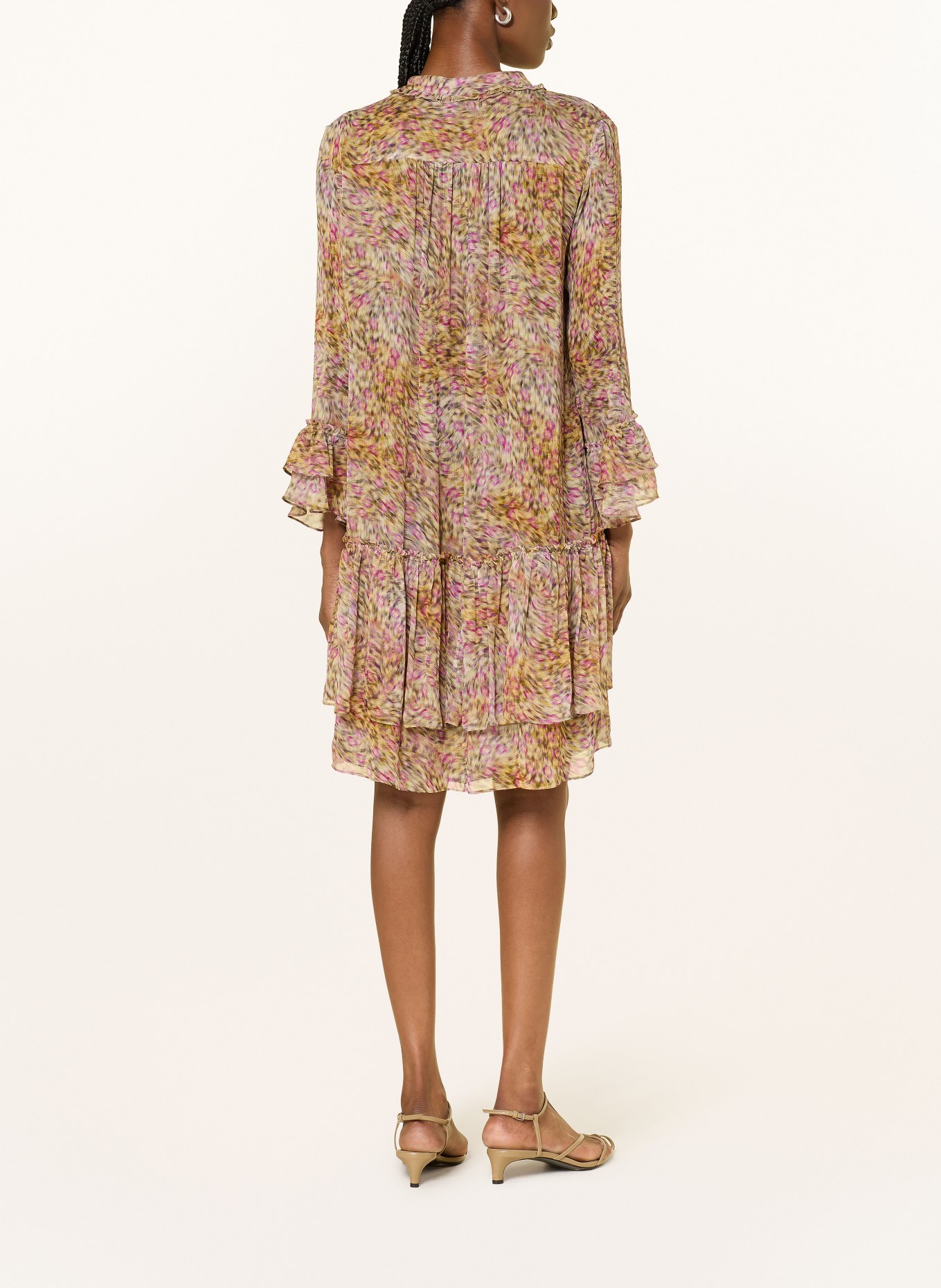 LUISA CERANO Dress with ruffles and flounces: DARK YELLOW / DARK BROWN / PURPLE