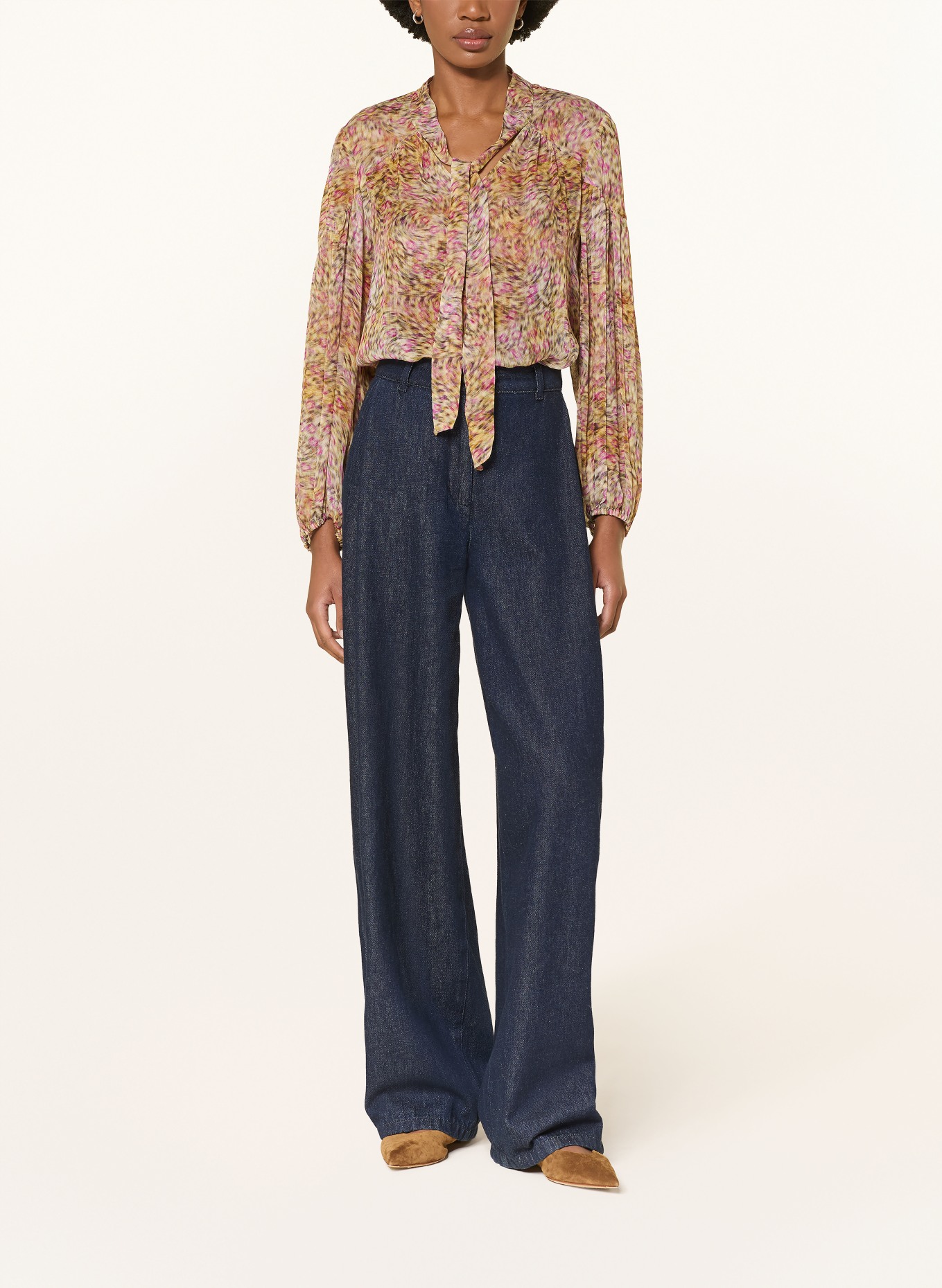 LUISA CERANO Bow-tie blouse: BEIGE / NEON PURPLE / BLACK
