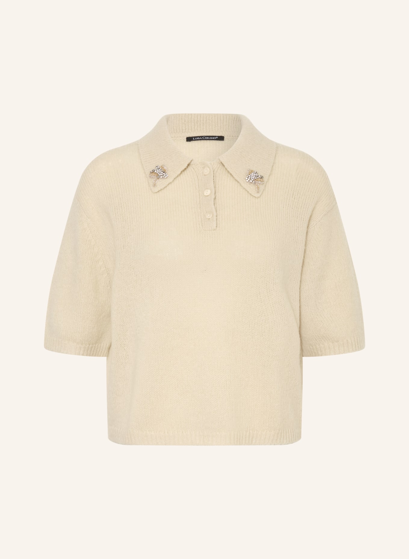 LUISA CERANO Tricou polo din tricot cu pietre decorative: BEJ