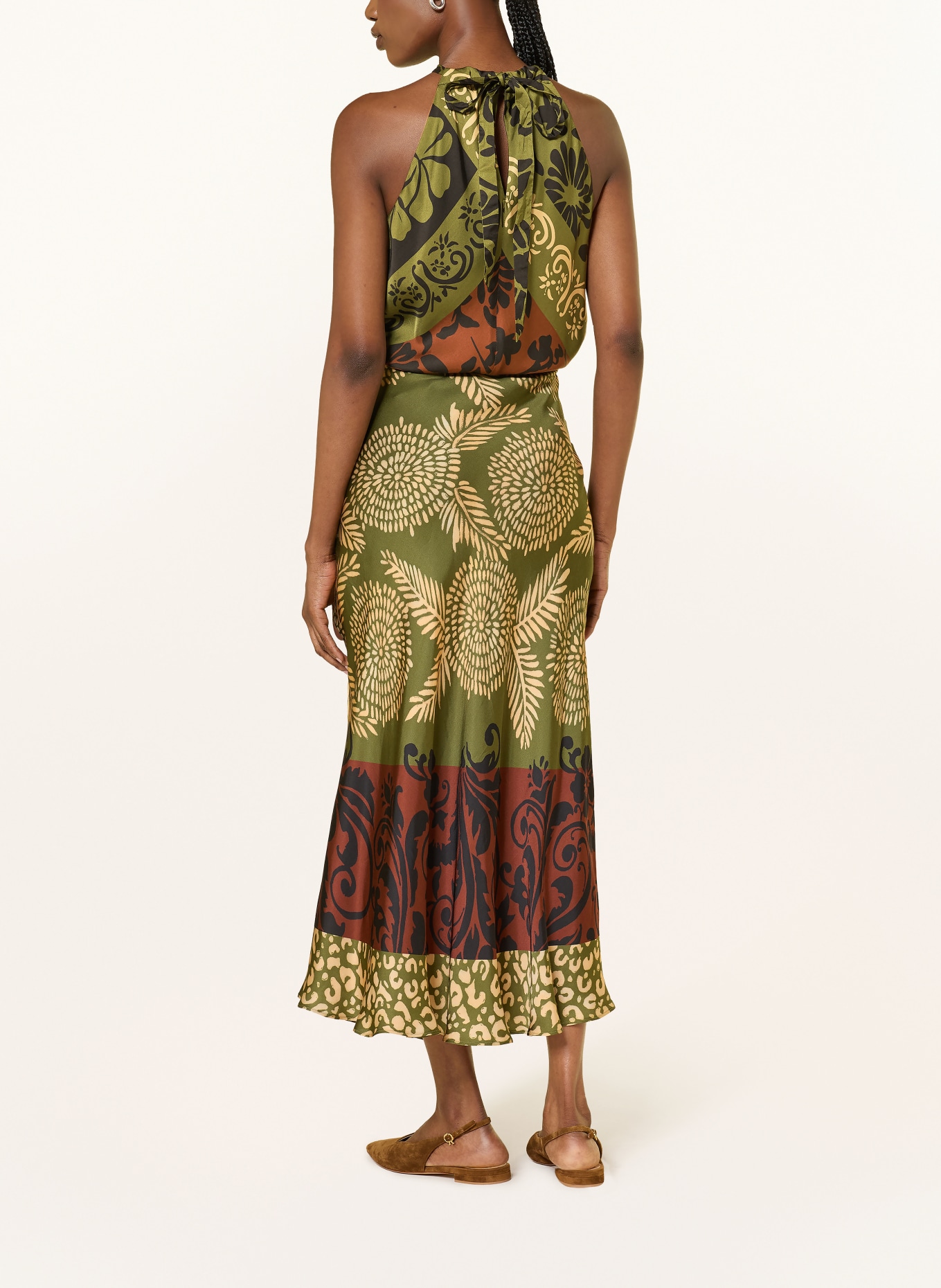 LUISA CERANO Satin skirt: OLIVE / DARK RED / DARK YELLOW