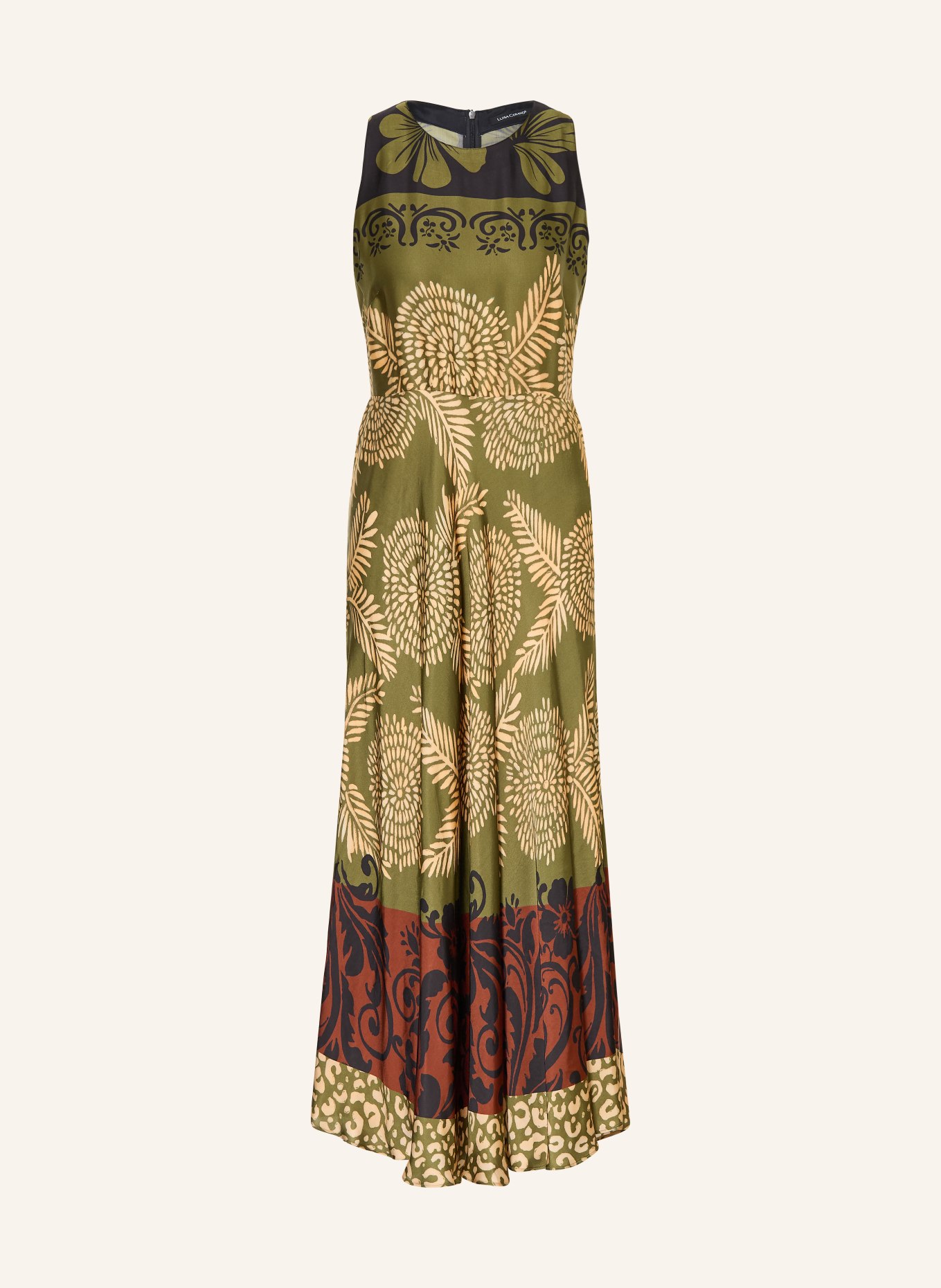 LUISA CERANO satin dress: OLIVE / DARK RED / DARK YELLOW