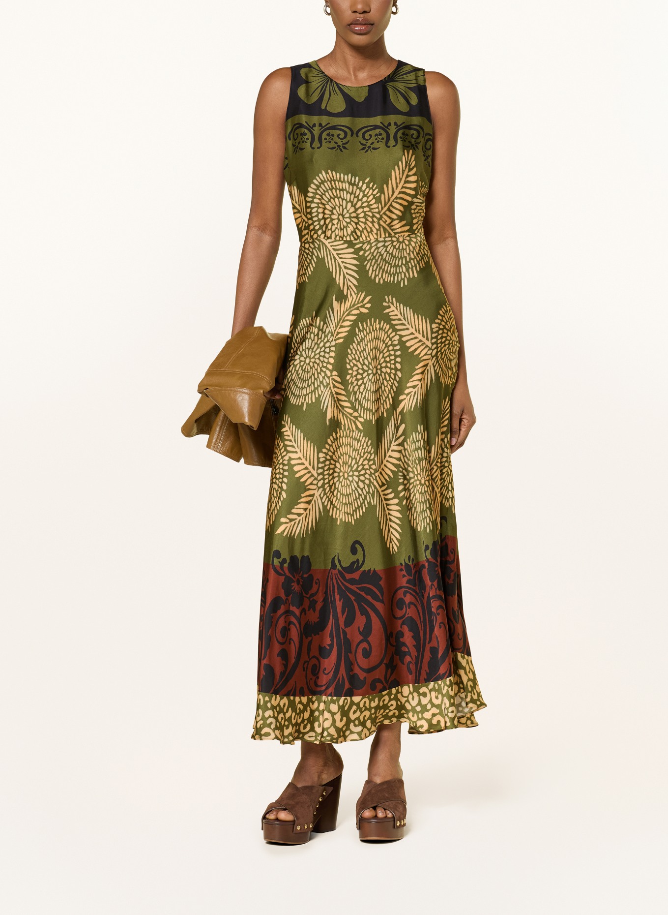LUISA CERANO satin dress: OLIVE / DARK RED / DARK YELLOW