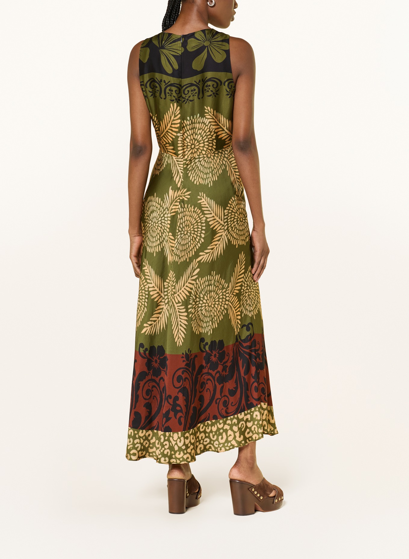 LUISA CERANO satin dress: OLIVE / DARK RED / DARK YELLOW