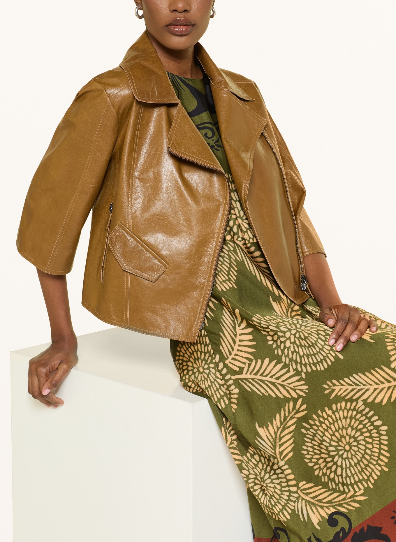 LUISA CERANO satin dress: OLIVE / DARK RED / DARK YELLOW