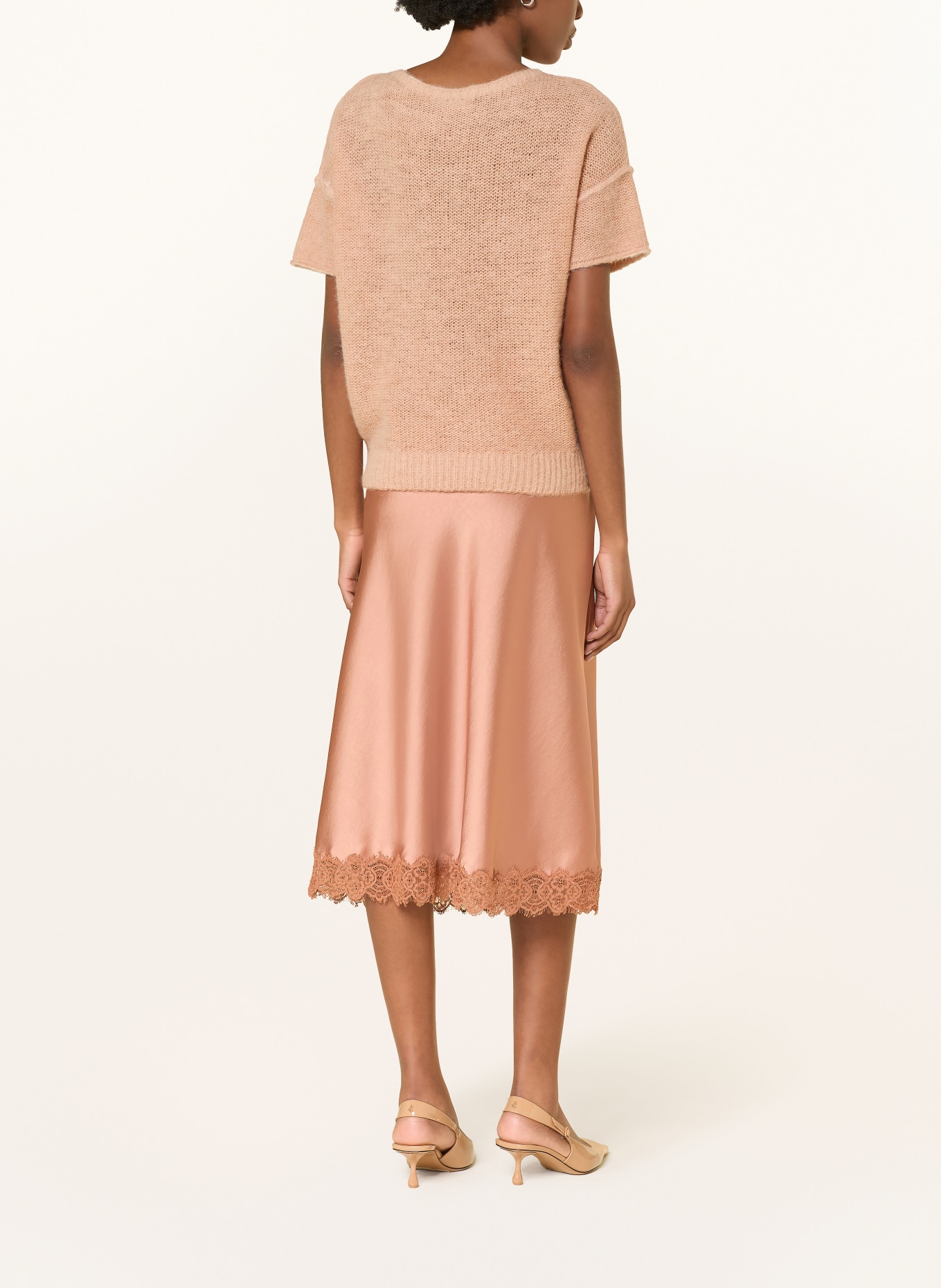 LUISA CERANO Satin skirt with lace: COGNAC
