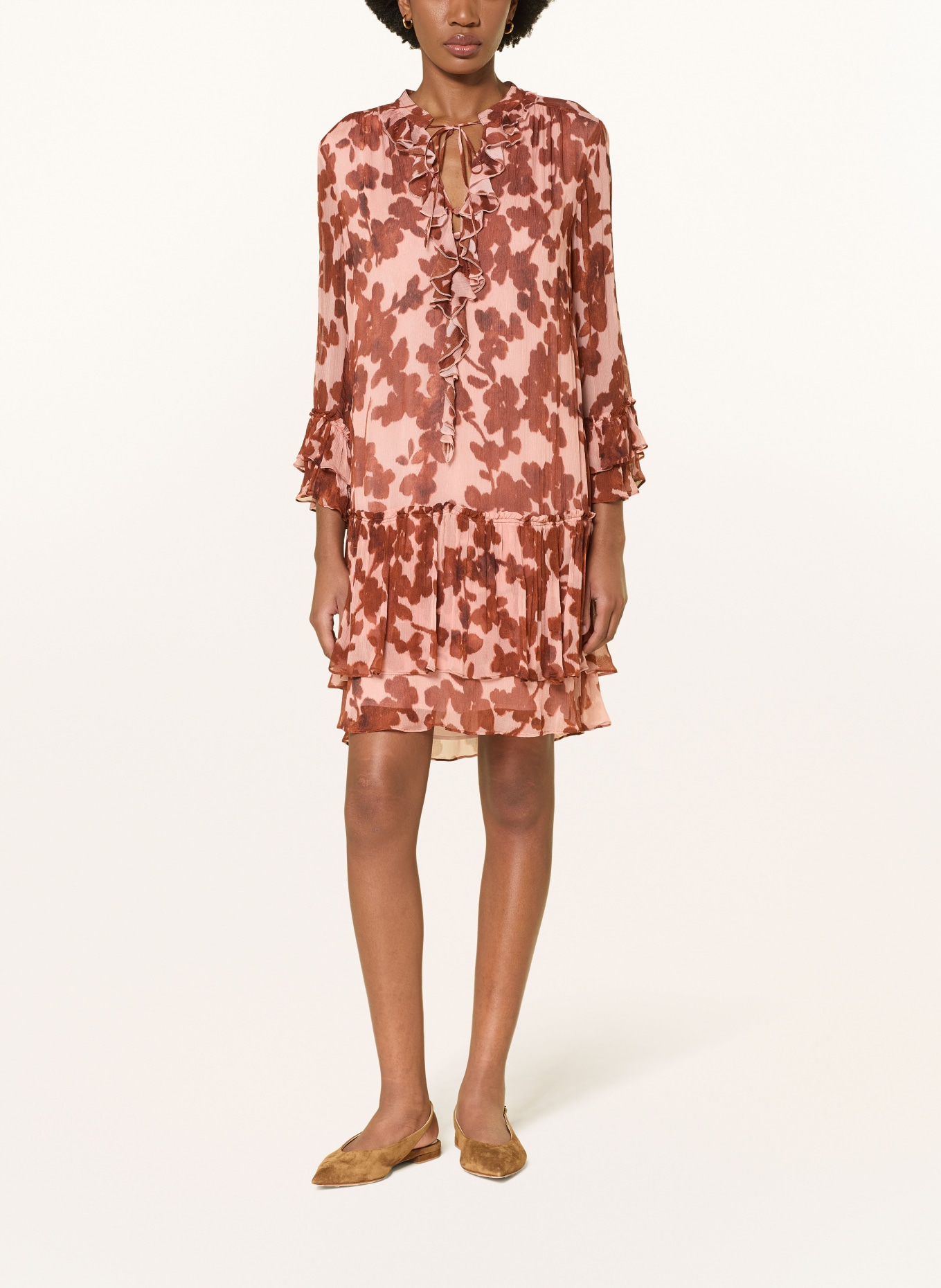 LUISA CERANO Kleid mit Volants: ROSÉ / DUNKELBRAUN