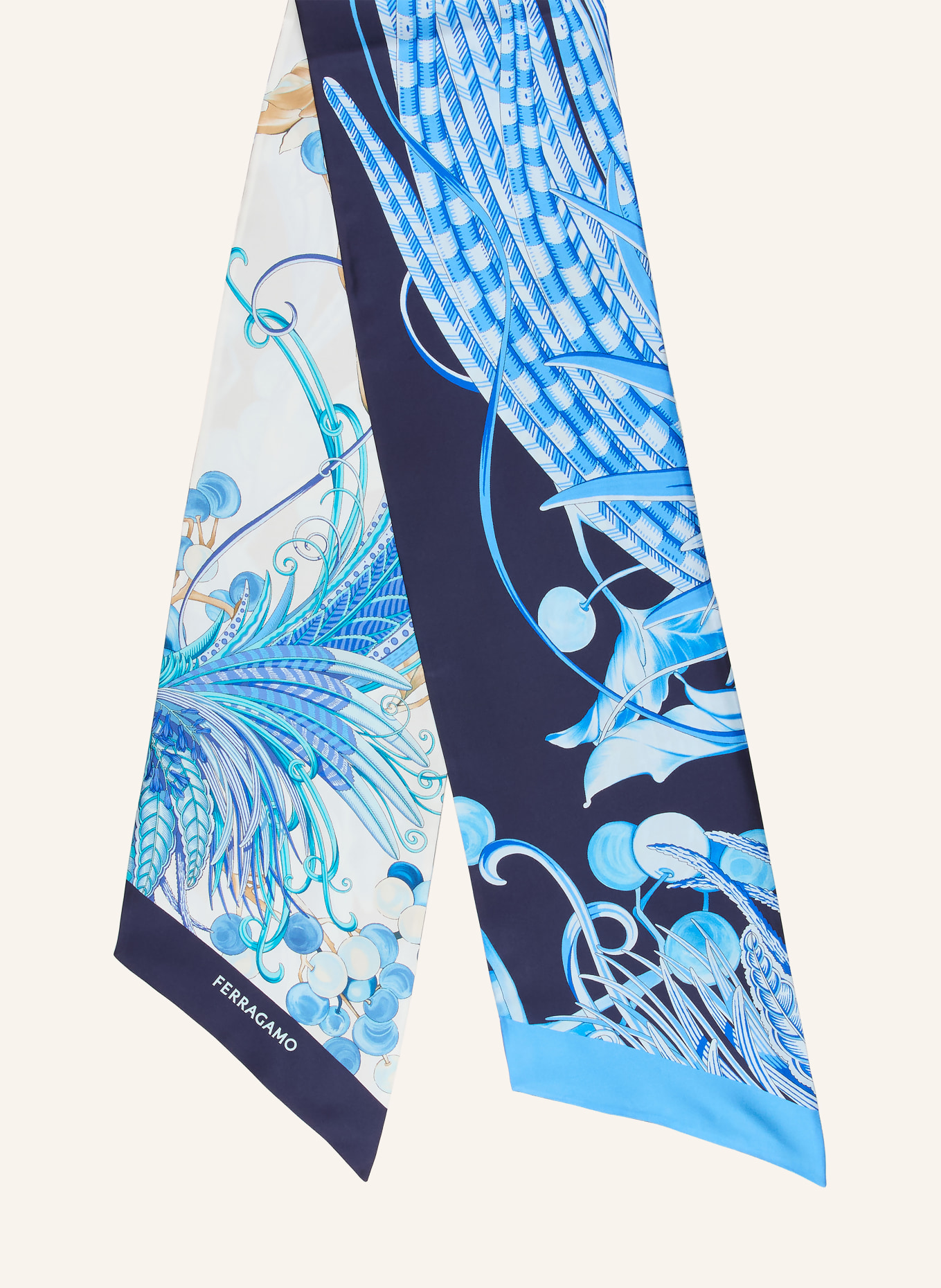 FERRAGAMO Seidenschal: CREME / DUNKELBLAU / BLAU