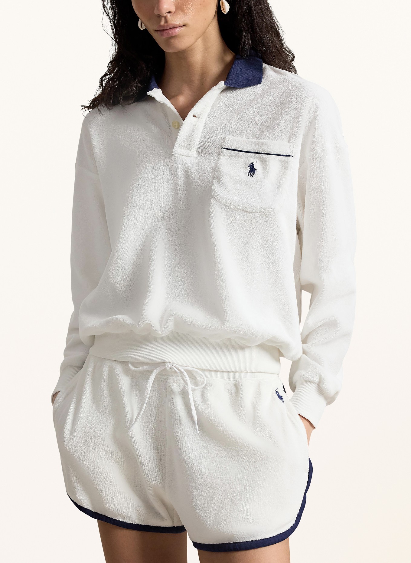 POLO RALPH LAUREN Frottee-Poloshirt: WEISS / DUNKELBLAU