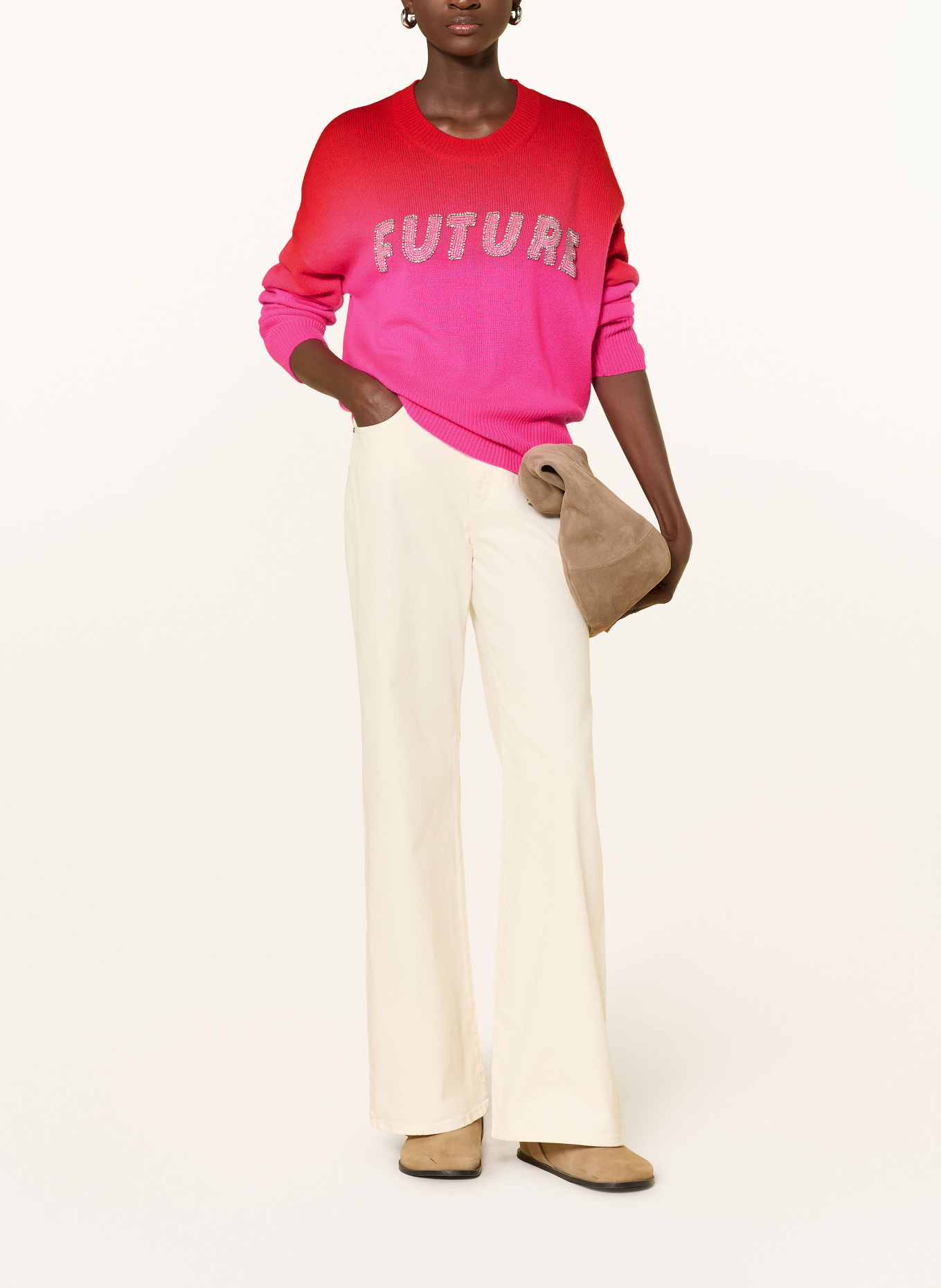 FROM FUTURE Cashmere-Pullover mit Schmucksteinen: DUNKELORANGE / SILBER / NEONPINK