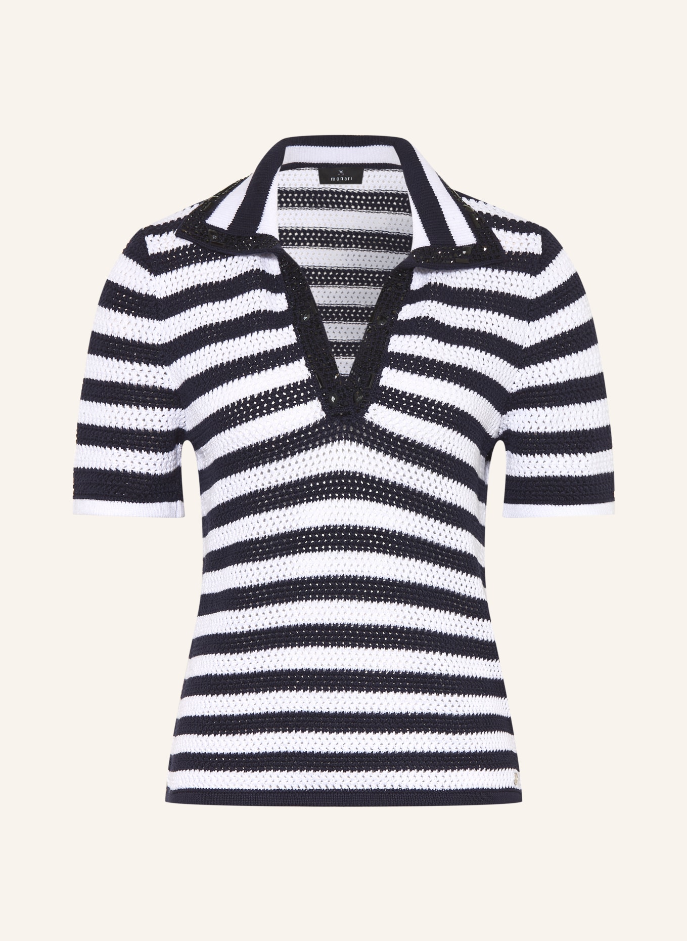 monari Strick-Poloshirt mit Schmucksteinen: DUNKELBLAU / WEISS