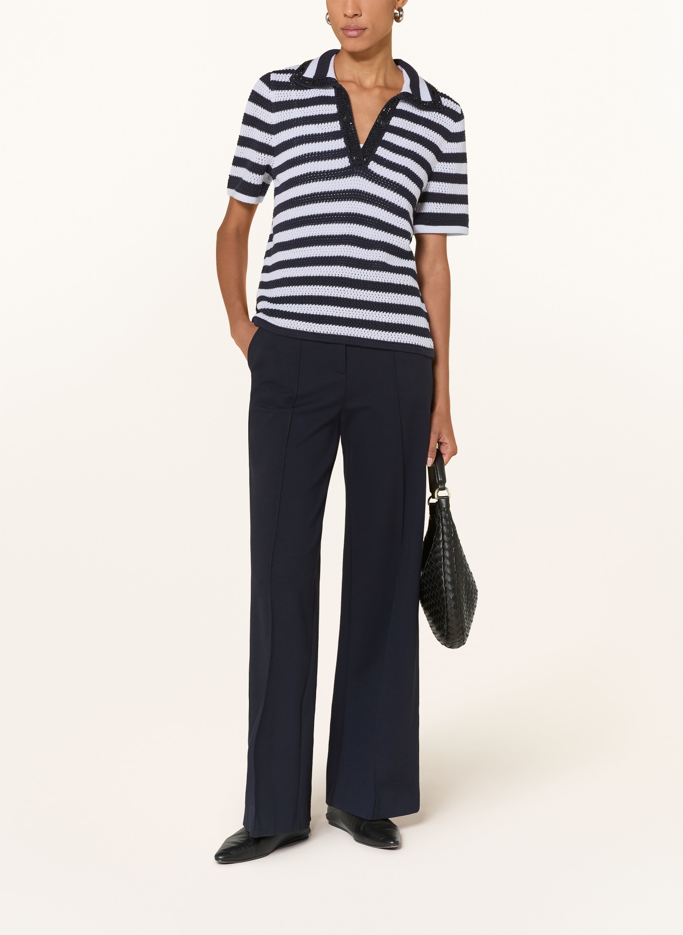 monari Strick-Poloshirt mit Schmucksteinen: DUNKELBLAU / WEISS