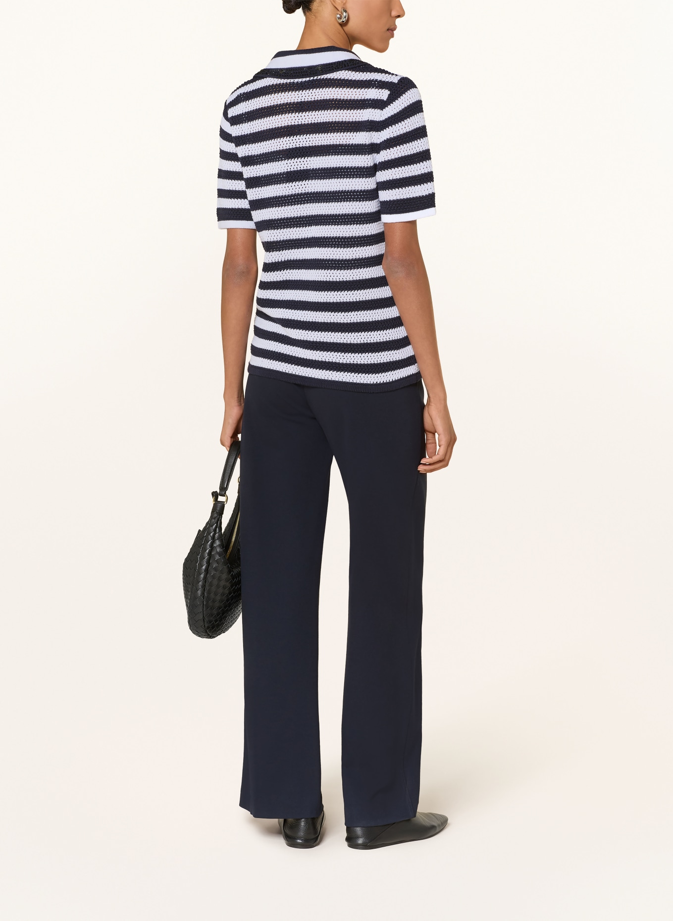 monari Strick-Poloshirt mit Schmucksteinen: DUNKELBLAU / WEISS