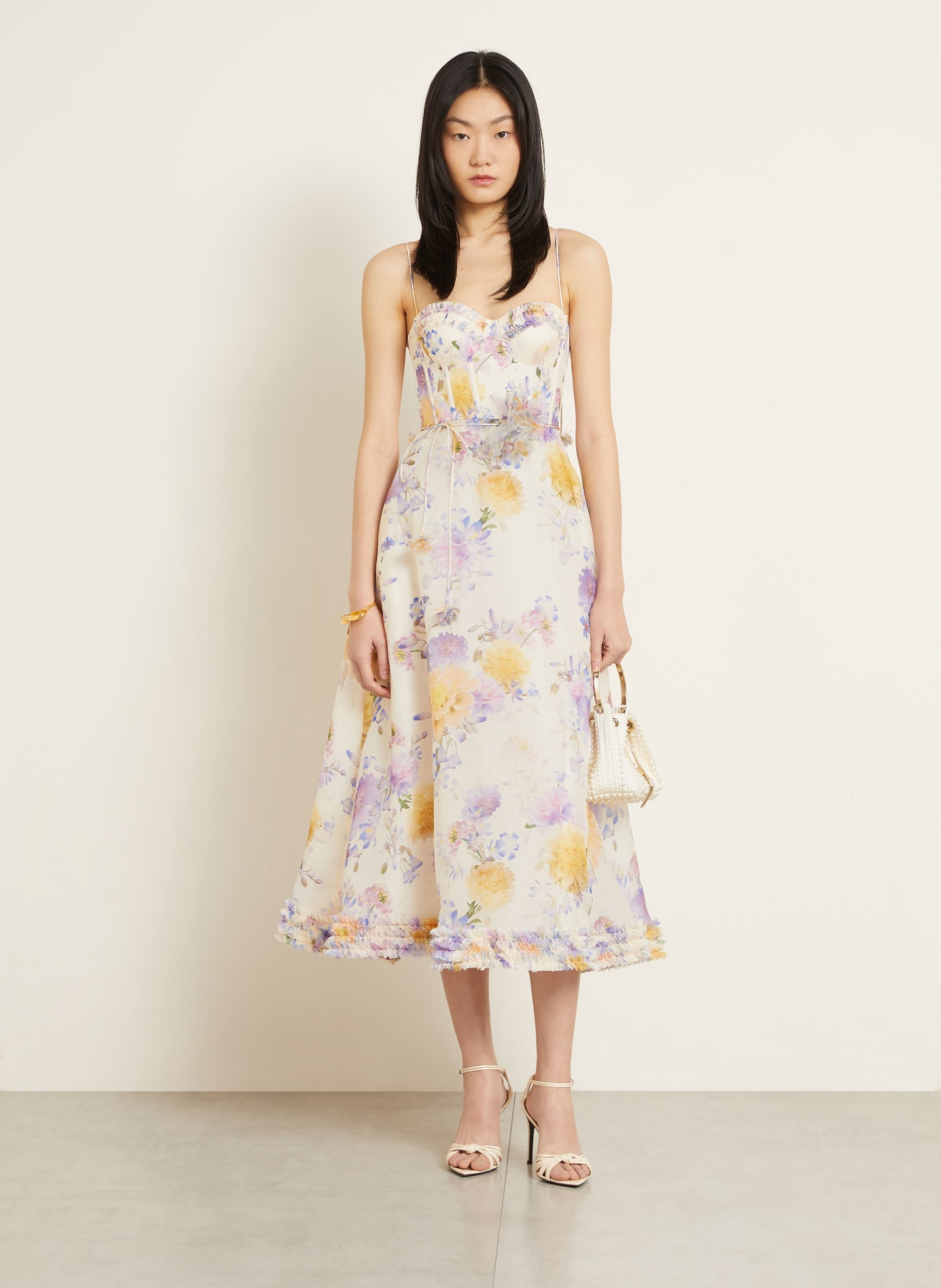 ZIMMERMANN Robe de cocktail LUNA en lin et soie: CRÈME / LILAS CLAIR / JAUNE