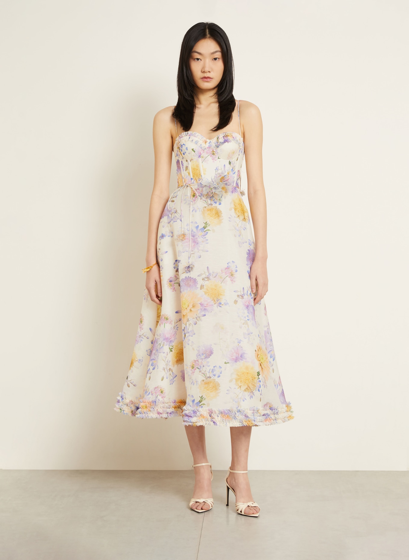 ZIMMERMANN Robe de cocktail LUNA en lin et soie: CRÈME / LILAS CLAIR / JAUNE