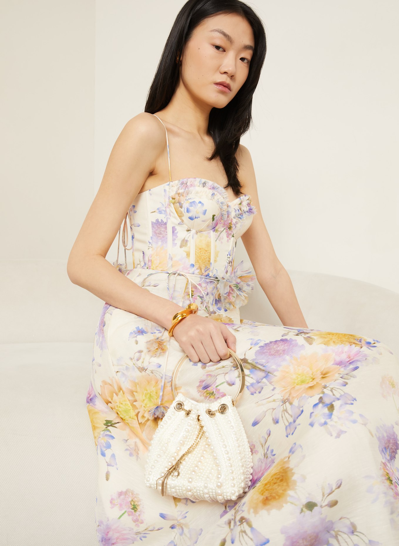 ZIMMERMANN Robe de cocktail LUNA en lin et soie: CRÈME / LILAS CLAIR / JAUNE