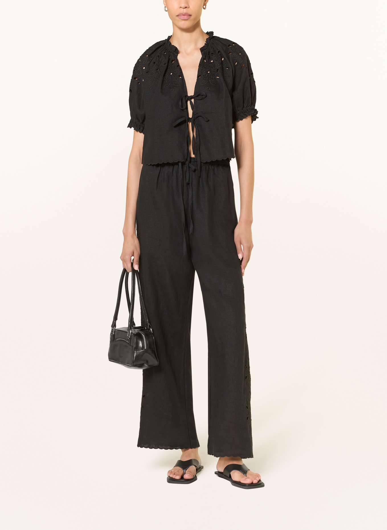 Rails Marlene-broek MIRINA van linnen met opengewerkte kant: ZWART