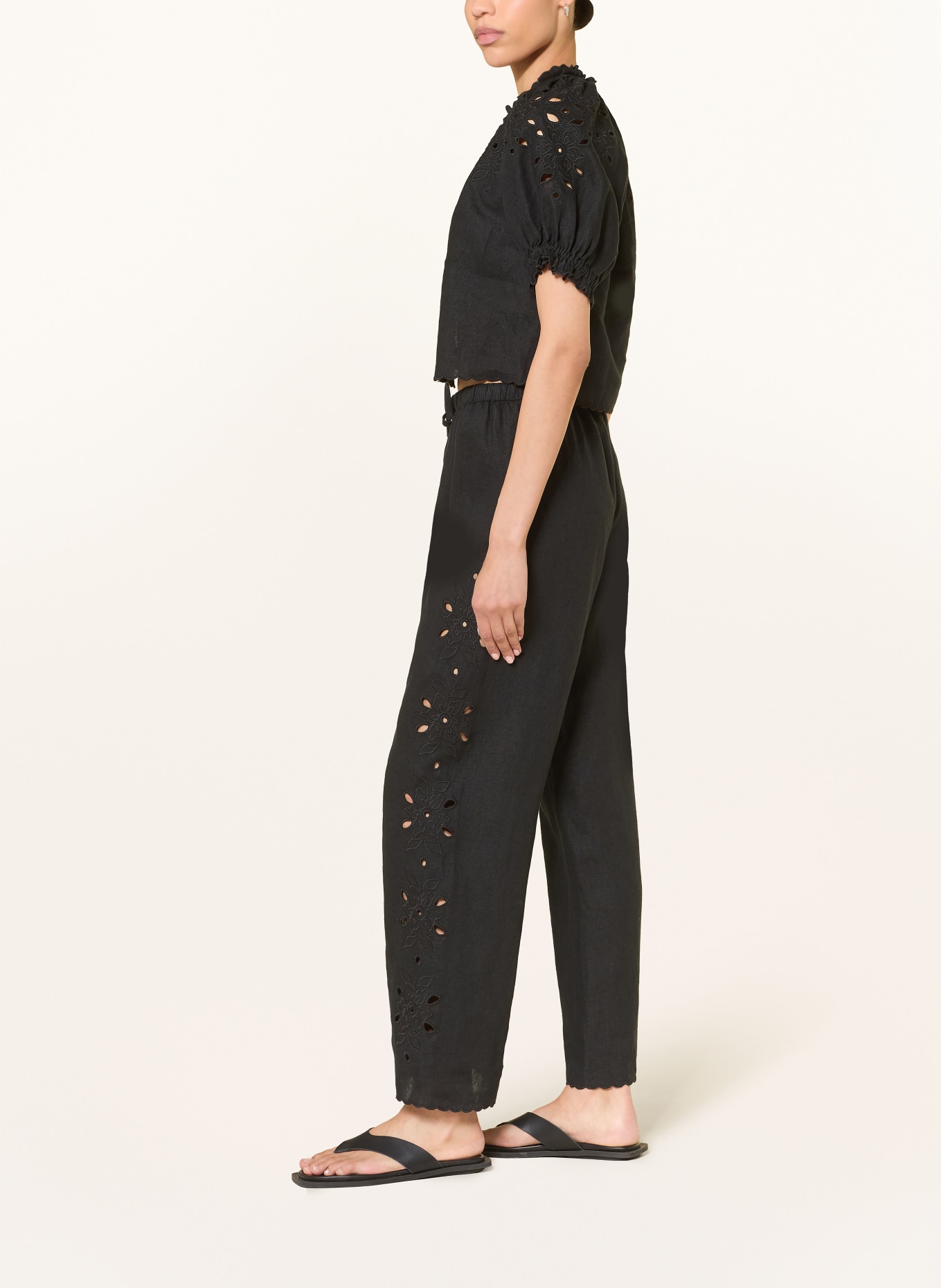 Rails Marlene-broek MIRINA van linnen met opengewerkte kant: ZWART
