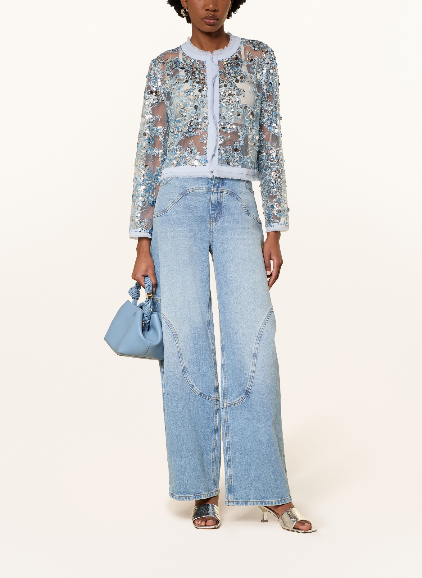 BAUM UND PFERDGARTEN Mesh-Jacke BETHINA mit Pailletten: HELLBLAU / SILBER