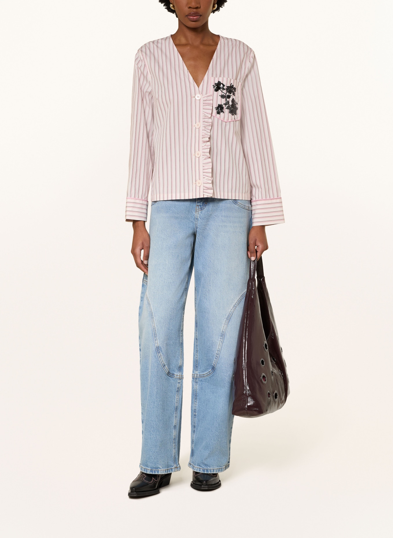BAUM UND PFERDGARTEN BRIEL Blouse with Sequins and Ruffles: PINK / DARK BROWN / ECRU