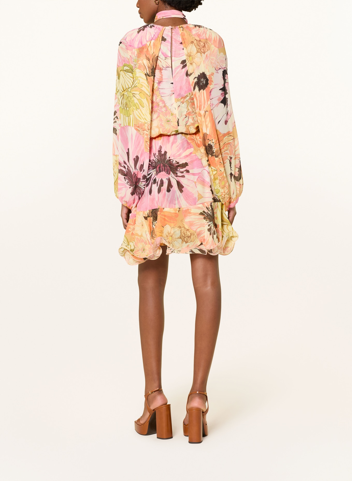 DOROTHEE SCHUMACHER FLORAL DREAM blouse shirt with detachable bow tie: LIGHT YELLOW / PINK / ORANGE