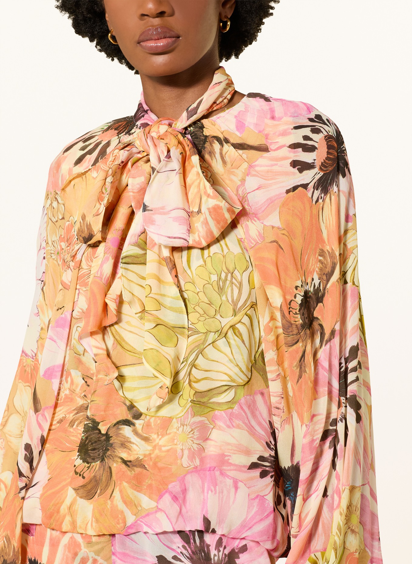 DOROTHEE SCHUMACHER FLORAL DREAM blouse shirt with detachable bow tie: LIGHT YELLOW / PINK / ORANGE